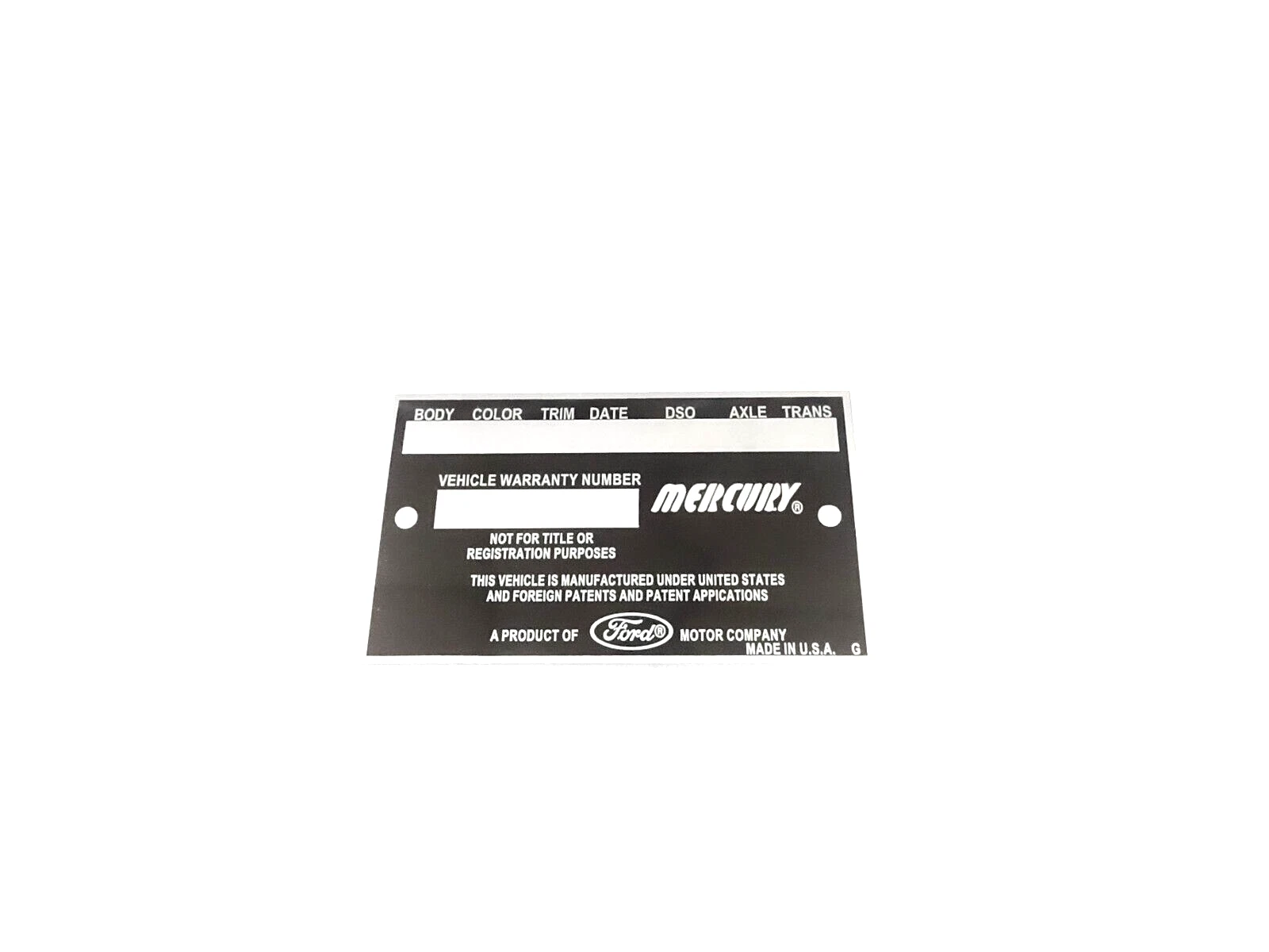 DATA PLATE FITS TO VINTAGE EARLY MERCURY MARAUDER 1960'S #V391-8