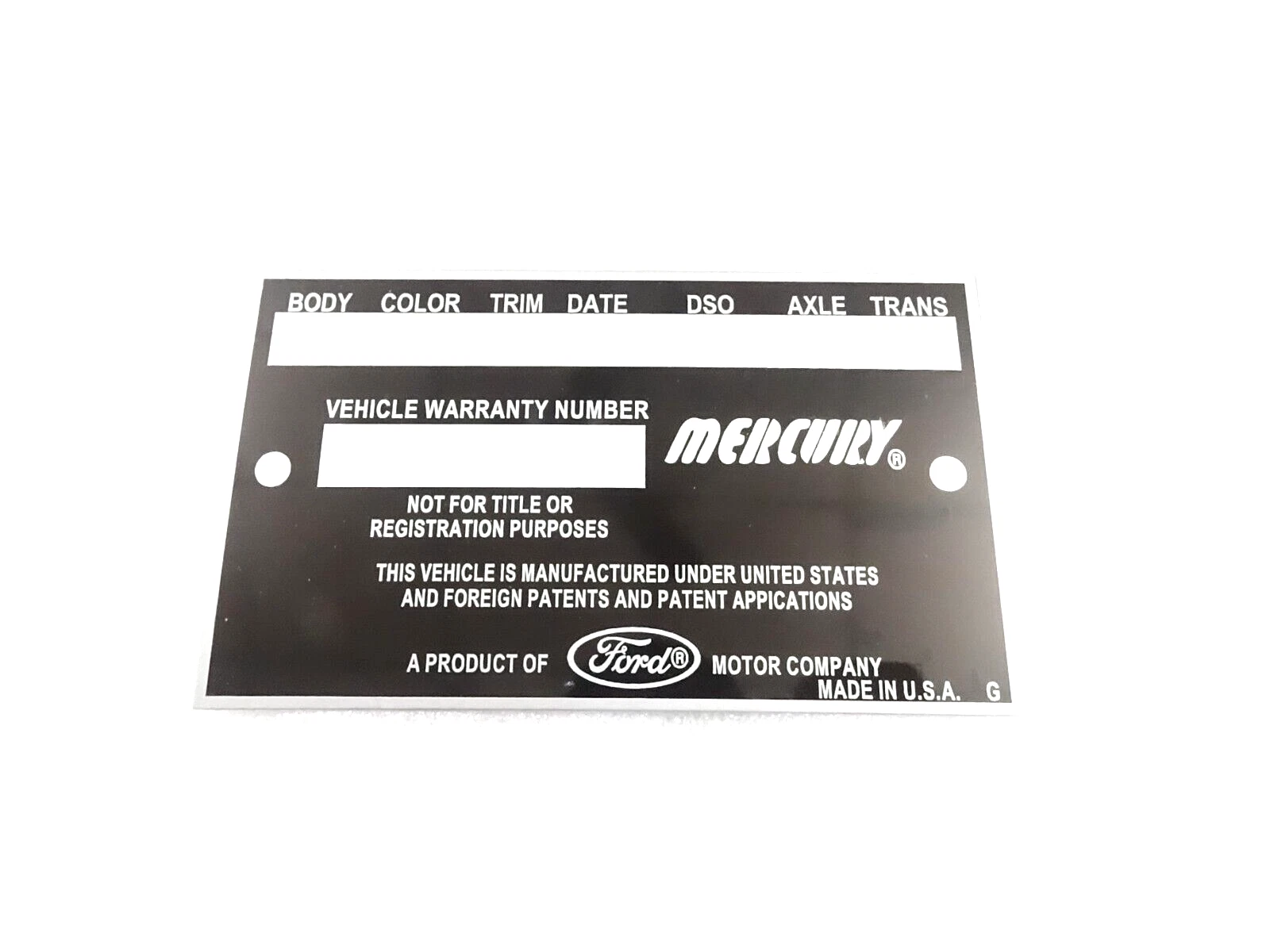 DATA PLATE FITS TO VINTAGE EARLY MERCURY MARAUDER 1960'S #V391-8