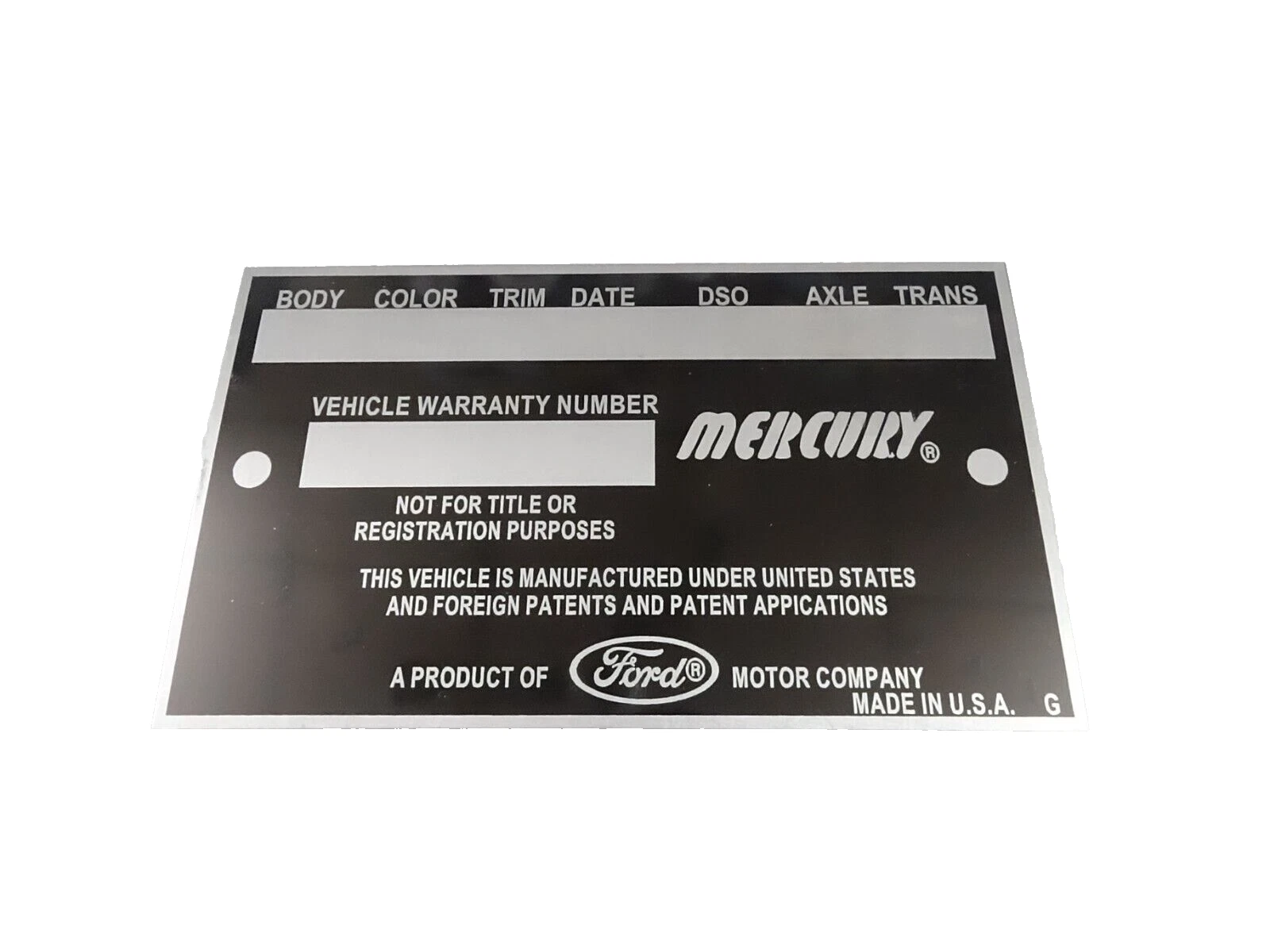 DATA PLATE FITS TO VINTAGE EARLY MERCURY MARAUDER 1960'S #V391-8