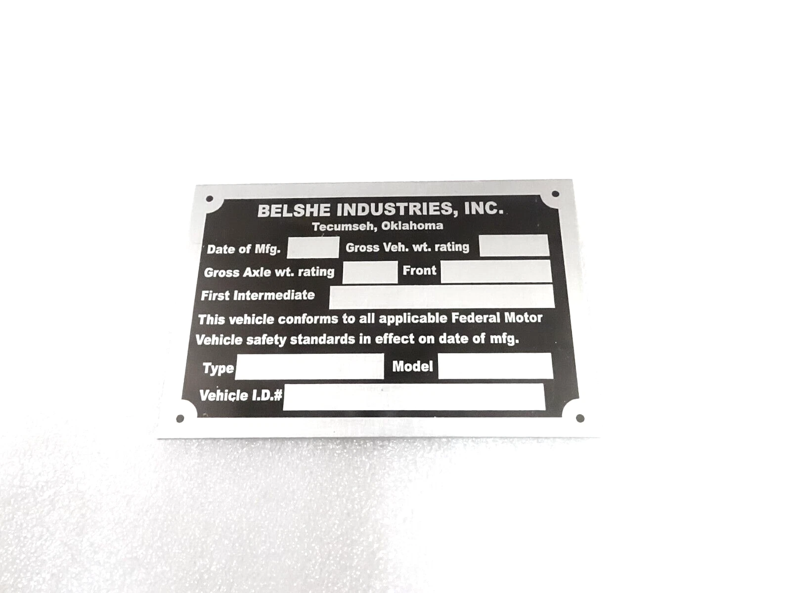 DATA PLATE FITS TO BELSHE TRAILER #V398-8