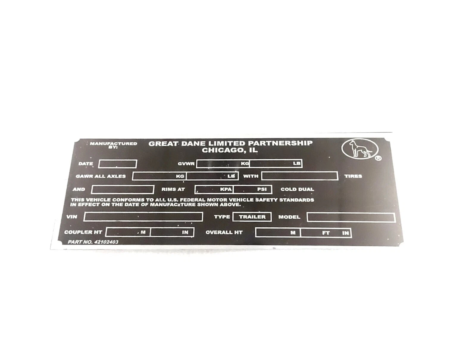 DATA PLATE FITS TO VINTAGE CLASSIC GREAT DANE TRAILOR #V405-8