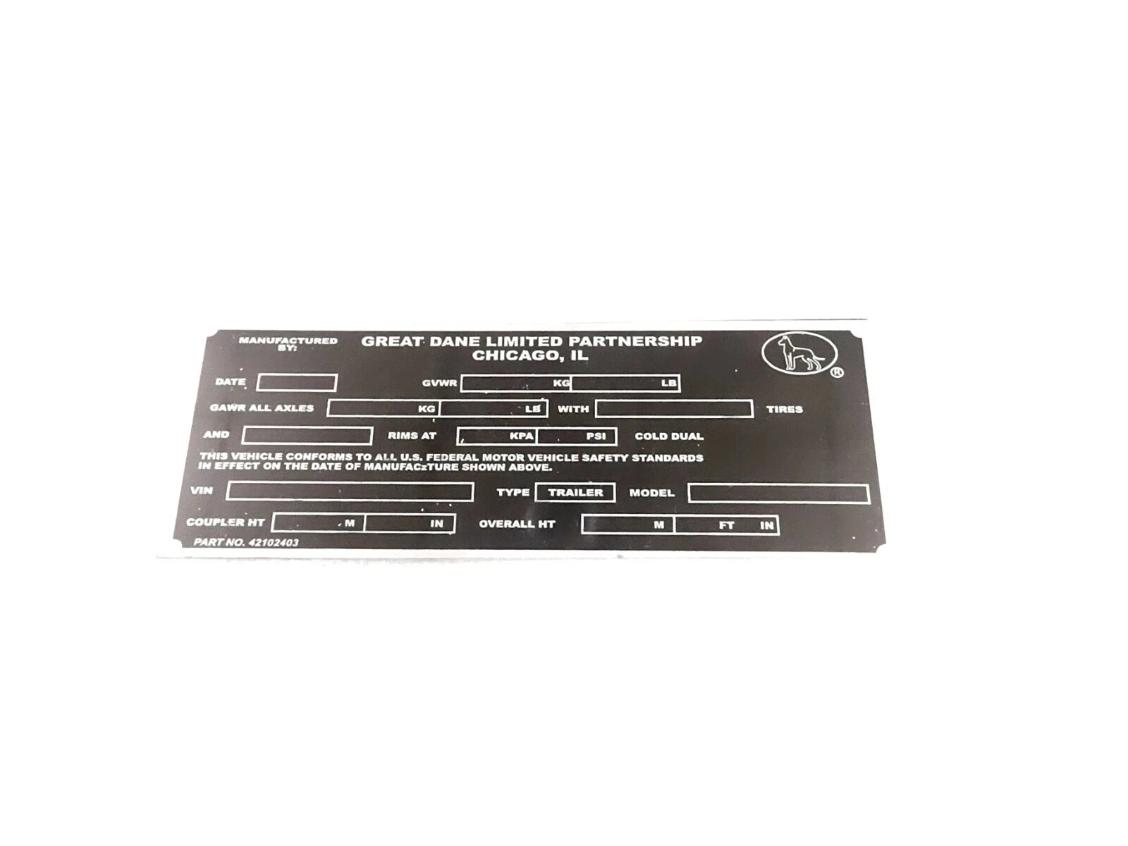 DATA PLATE FITS TO VINTAGE CLASSIC GREAT DANE TRAILOR #V405-8