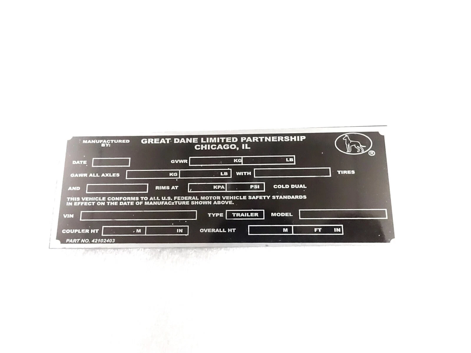 DATA PLATE FITS TO VINTAGE CLASSIC GREAT DANE TRAILOR #V405-8