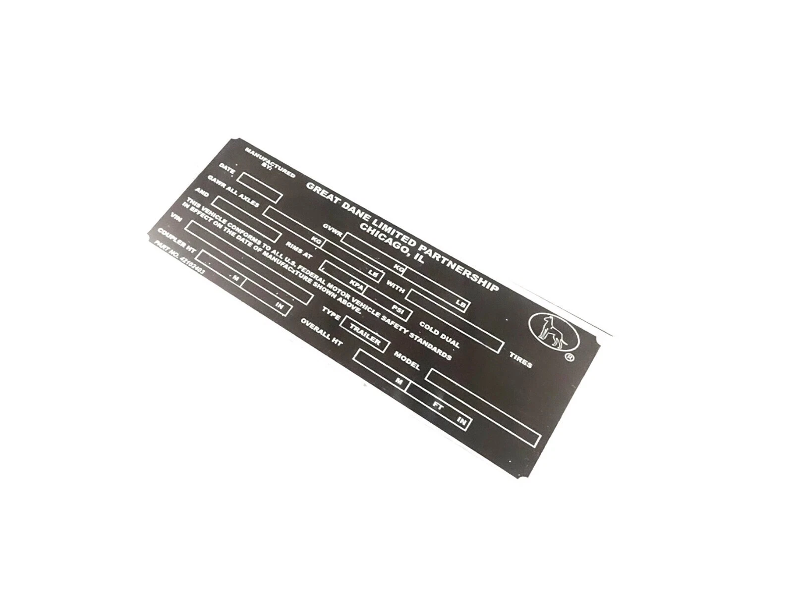 DATA PLATE FITS TO VINTAGE CLASSIC GREAT DANE TRAILOR #V405-8