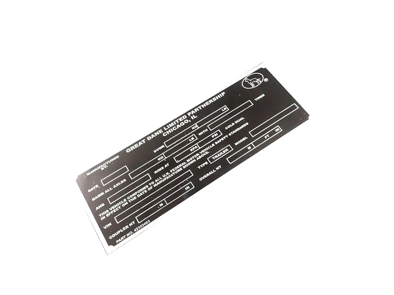 DATA PLATE FITS TO VINTAGE CLASSIC GREAT DANE TRAILOR #V405-8