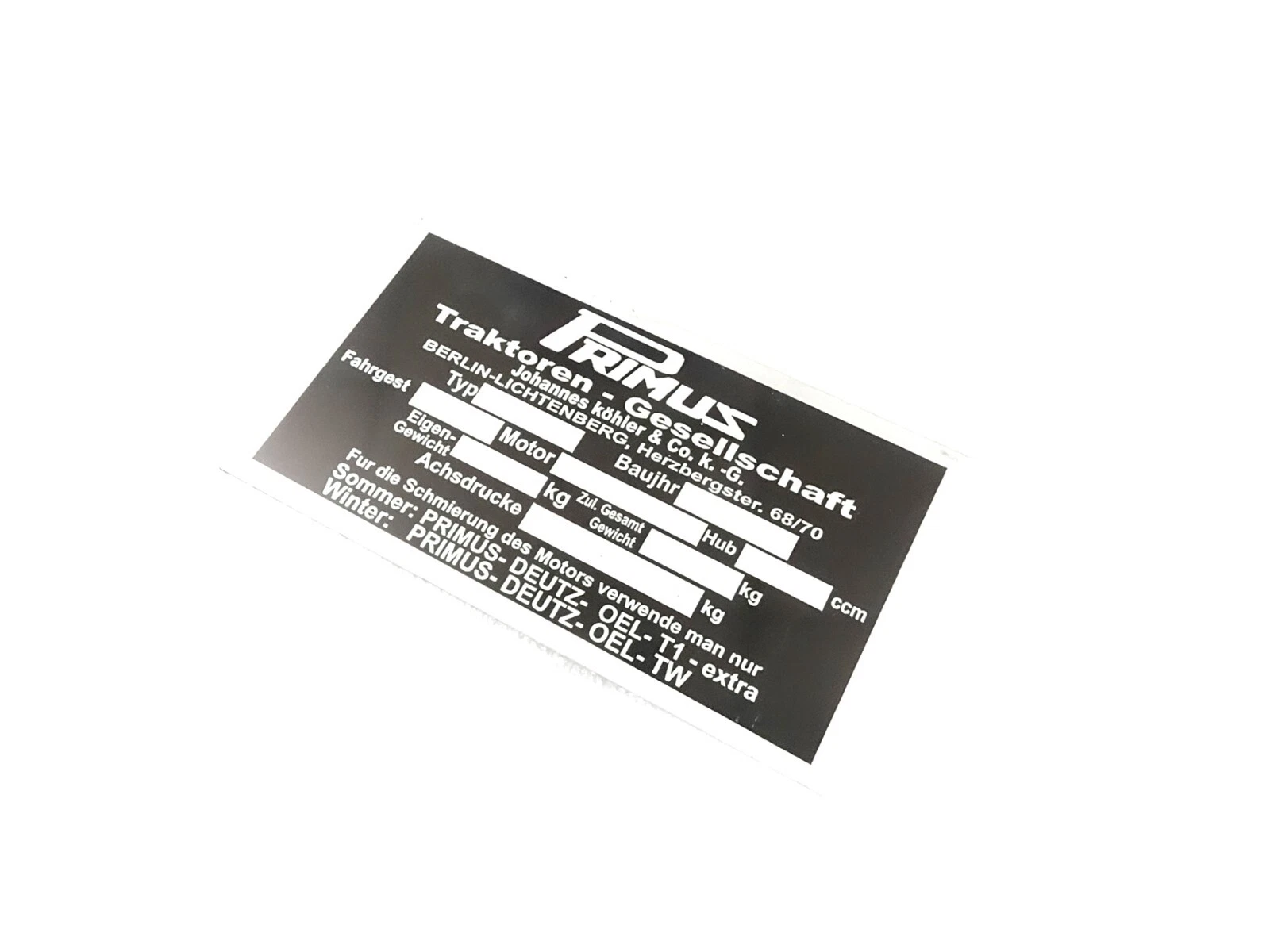 DATA PLATE FITS TO VINTAGE PRIMUS TRACTOR S66 #V433-8