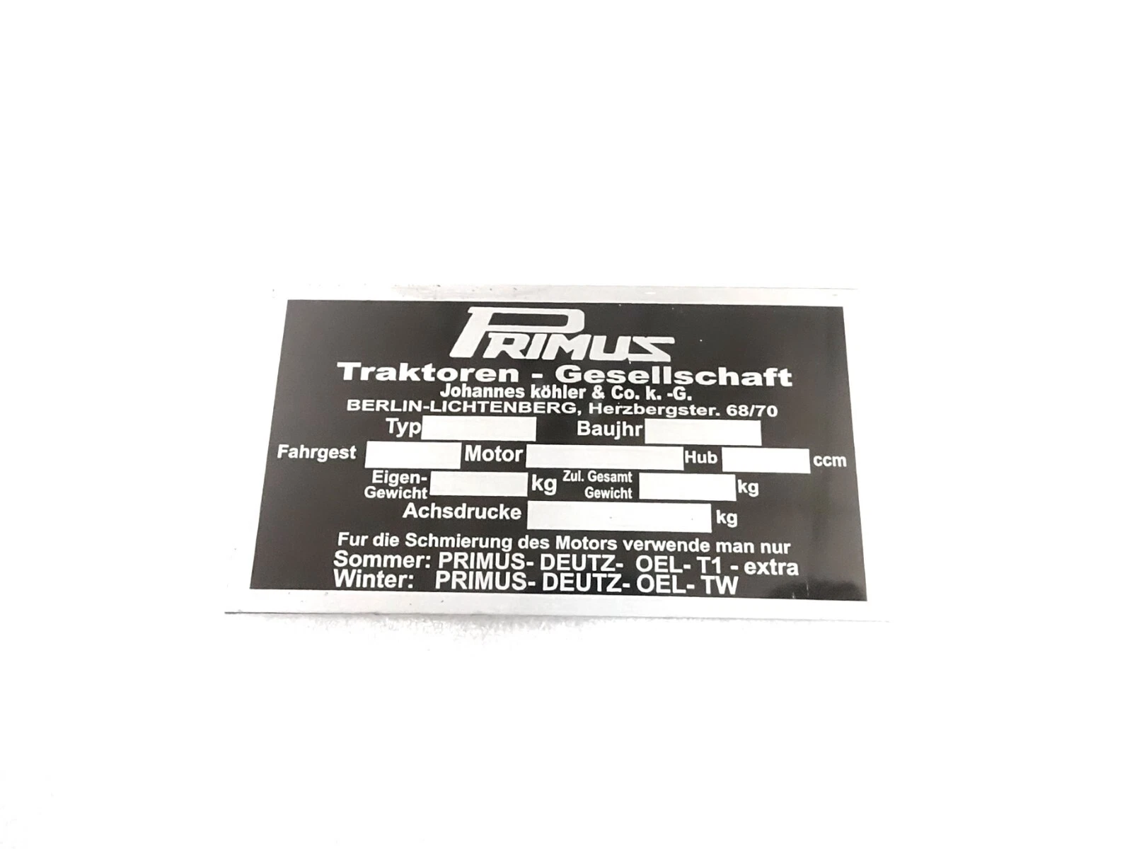 DATA PLATE FITS TO VINTAGE PRIMUS TRACTOR S66 #V433-8