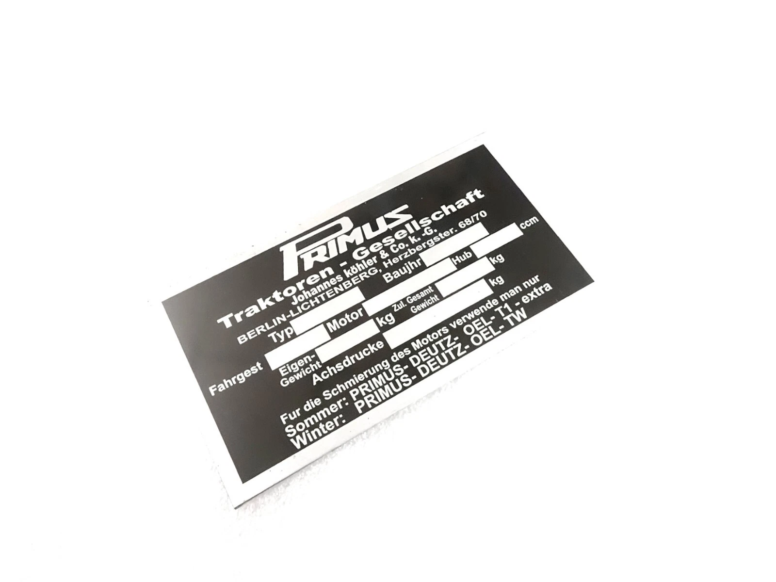 DATA PLATE FITS TO VINTAGE PRIMUS TRACTOR S66 #V433-8