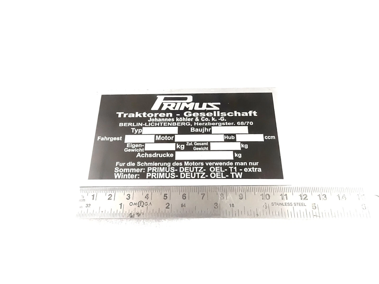 DATA PLATE FITS TO VINTAGE PRIMUS TRACTOR S66 #V433-8