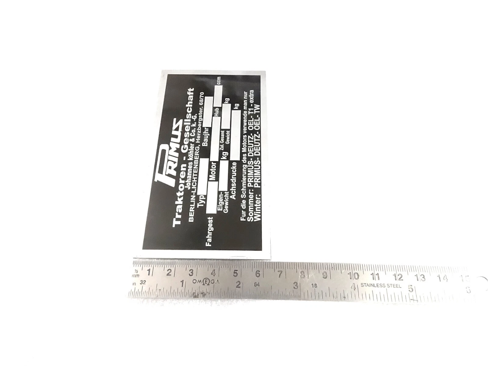 DATA PLATE FITS TO VINTAGE PRIMUS TRACTOR S66 #V433-8