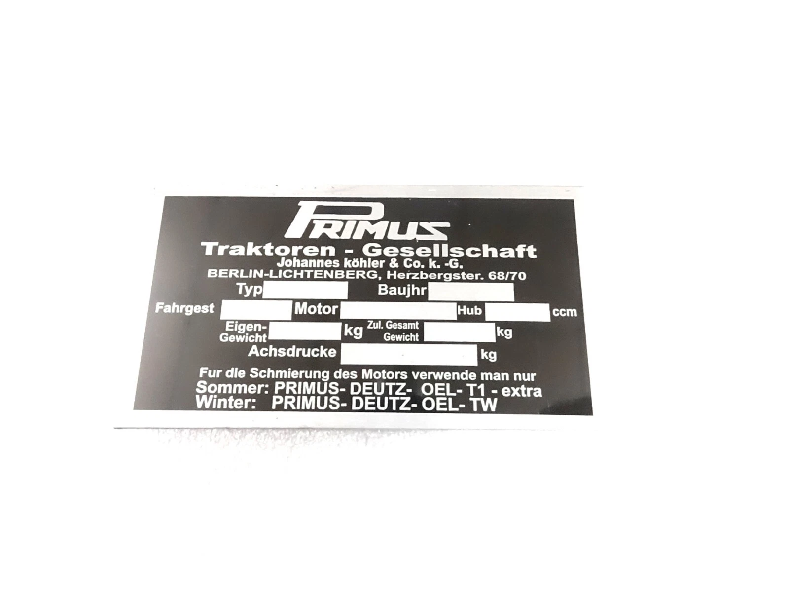 DATA PLATE FITS TO VINTAGE PRIMUS TRACTOR S66 #V433-8