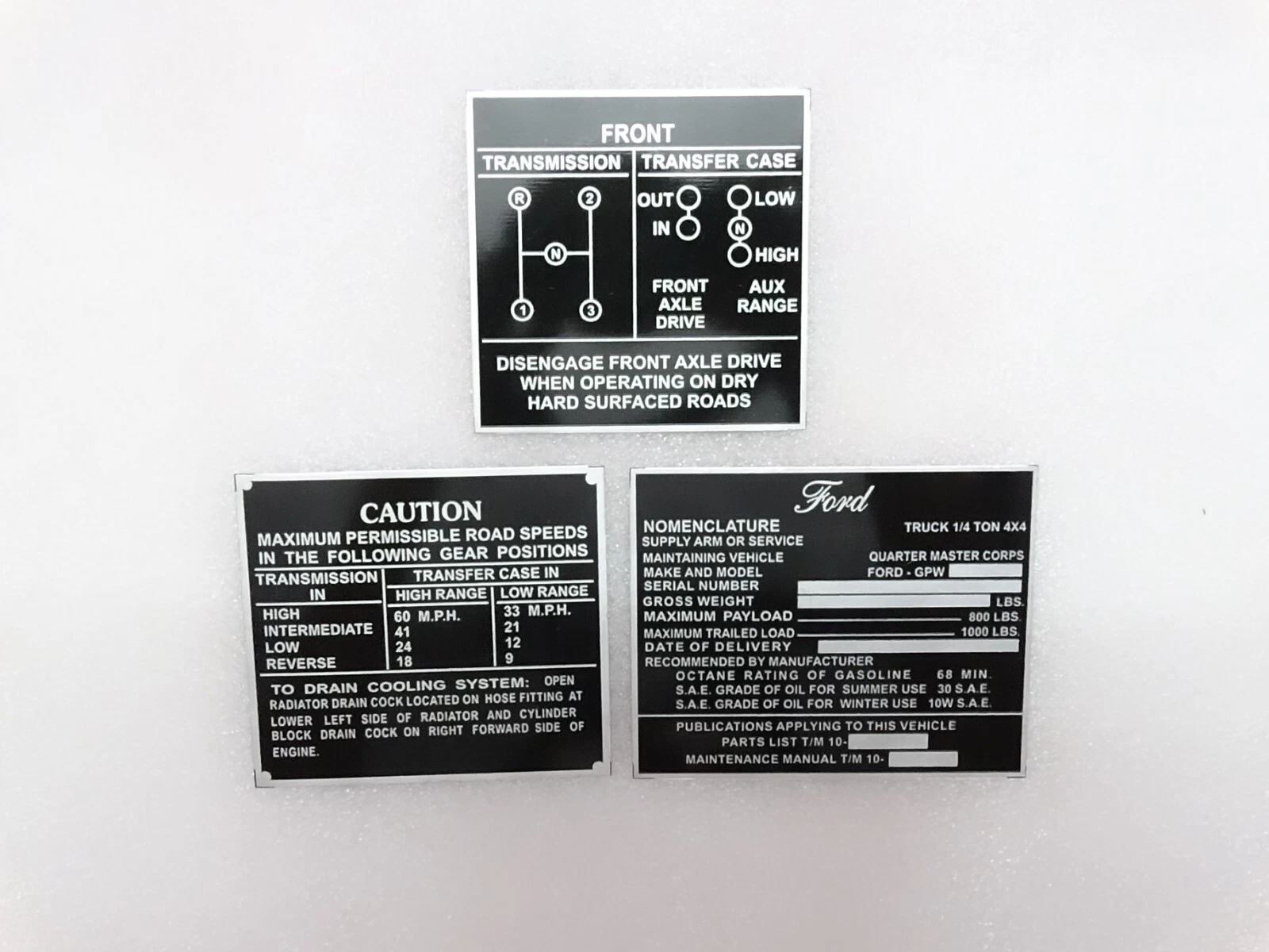 Dash Data Plate Aluminum Black Set Of 3 For Jeeps Willys Ford CJ2A CJ3A CJ3