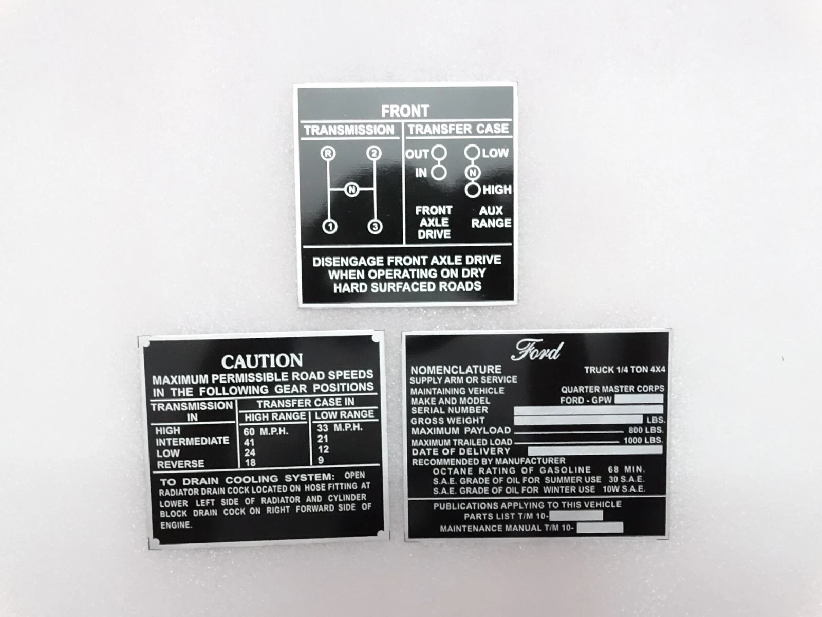 Dash Data Plate Aluminum Black Set Of 4 For Jeeps Willys Ford CJ2A CJ3A CJ3