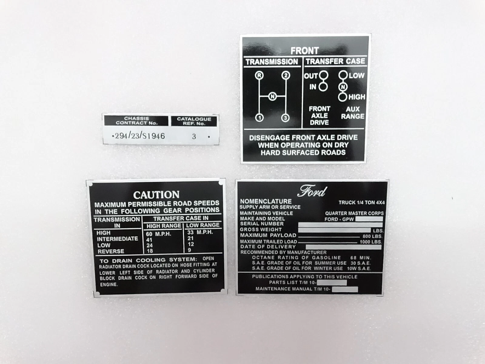 Dash Data Plate Aluminum Black Set Of 4 For Jeeps Willys Ford CJ2A CJ3A CJ3