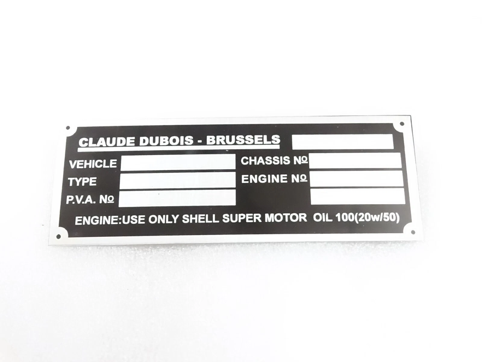 DATA PLATE FOR SHELBY EUROPA COBRA CLAUDE DEBOIS BRUSSELS MUSTANG CARROLL #316-8