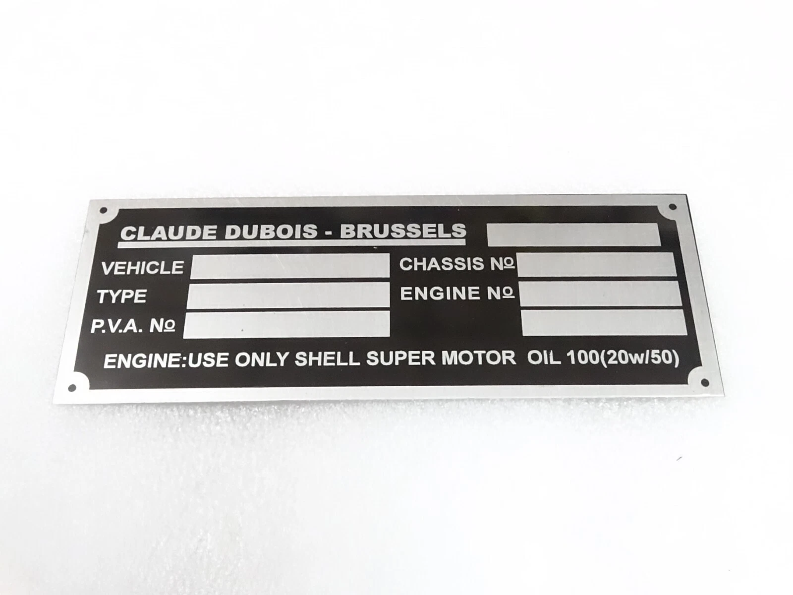 DATA PLATE FOR SHELBY EUROPA COBRA CLAUDE DEBOIS BRUSSELS MUSTANG CARROLL #316-8