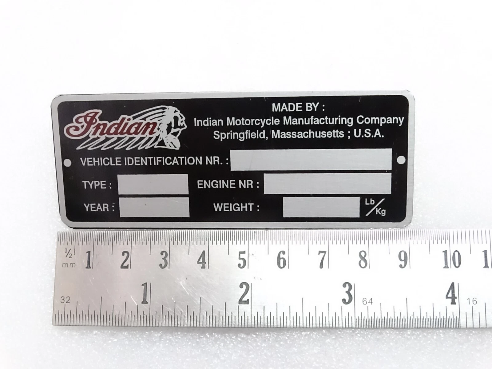 Indian Rare Aluminium Acid Etching Black Data Plate Vintage Indian Motorcycle