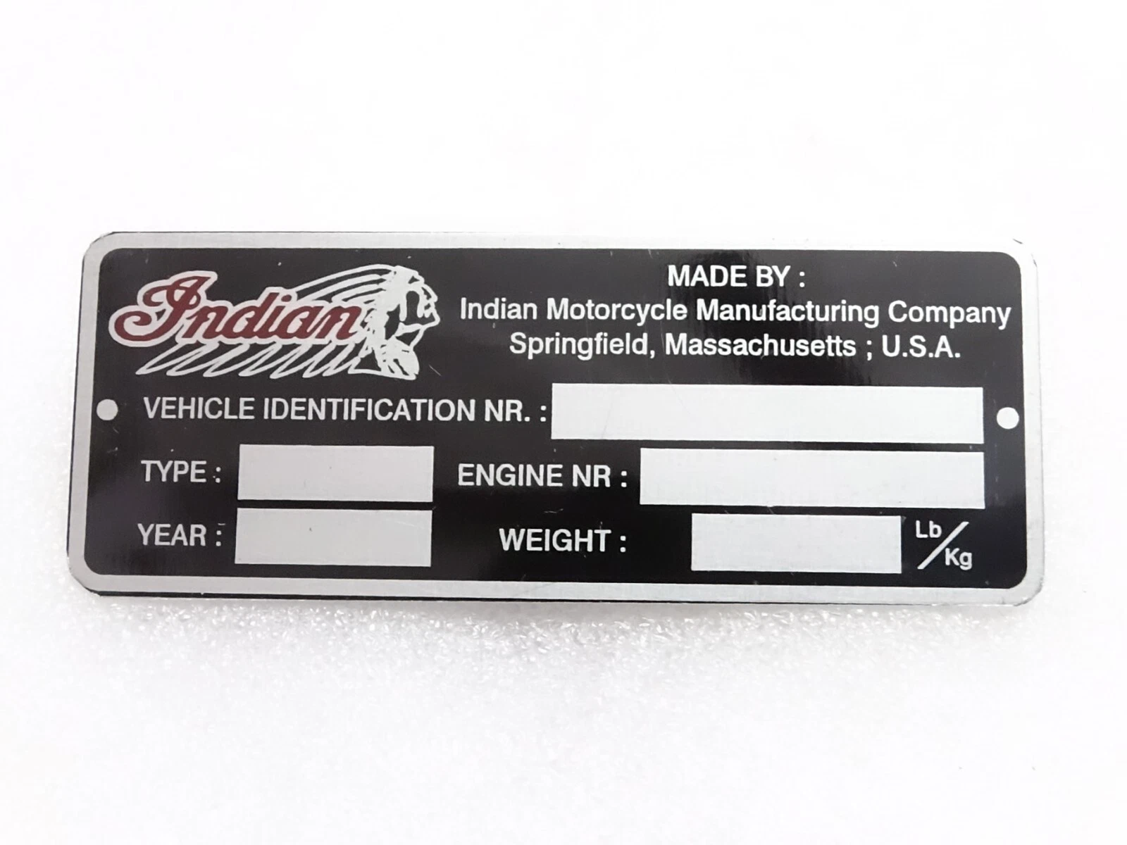 Indian Rare Aluminium Acid Etching Black Data Plate Vintage Indian Motorcycle