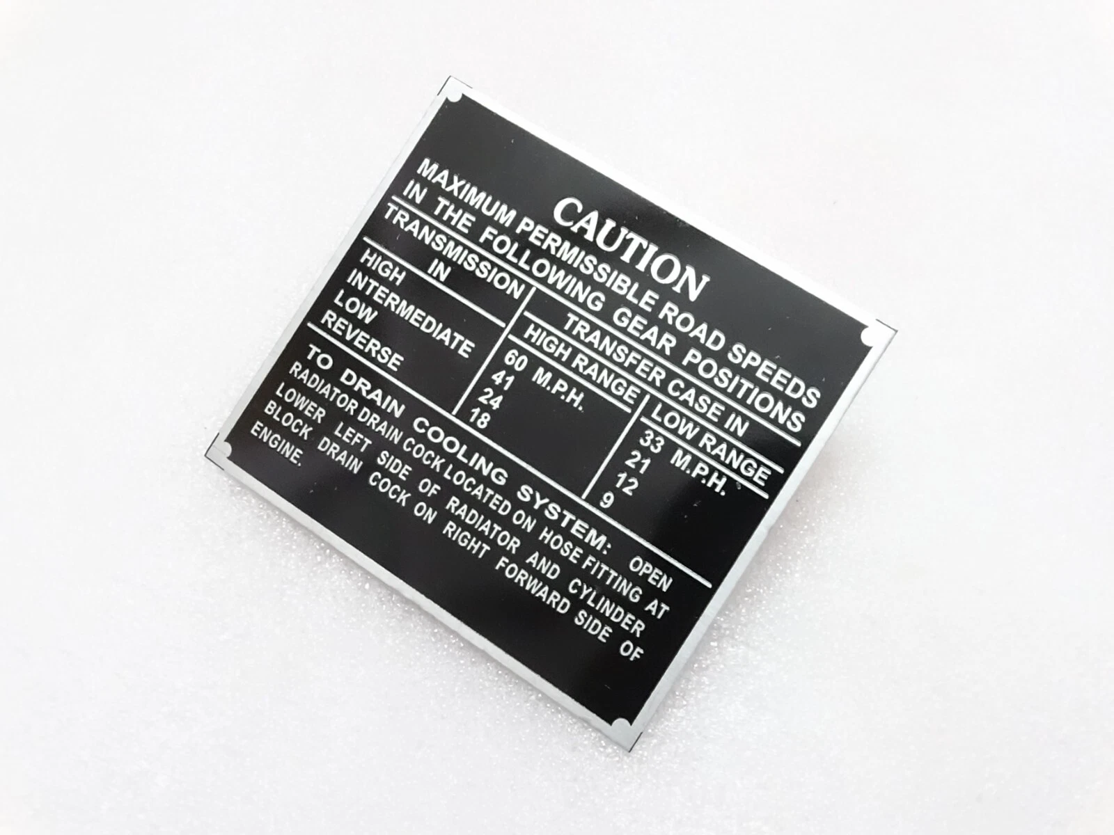 Data Plate Road Speed Caution Aluminum Fits 1942-43 Ford GPW Jeep WW11 #21A18