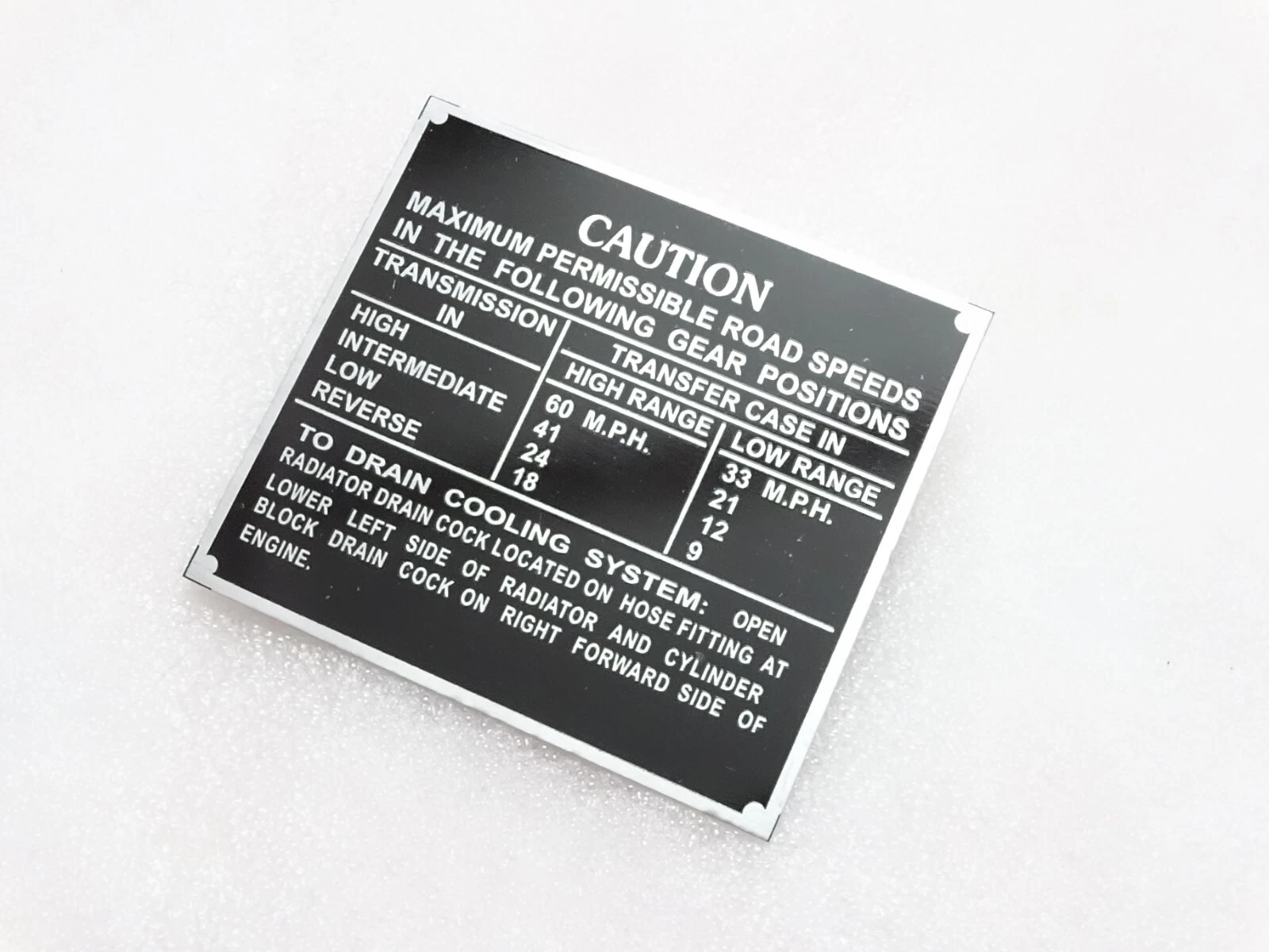 Data Plate Road Speed Caution Aluminum Fits 1942-43 Ford GPW Jeep WW11 #21A18