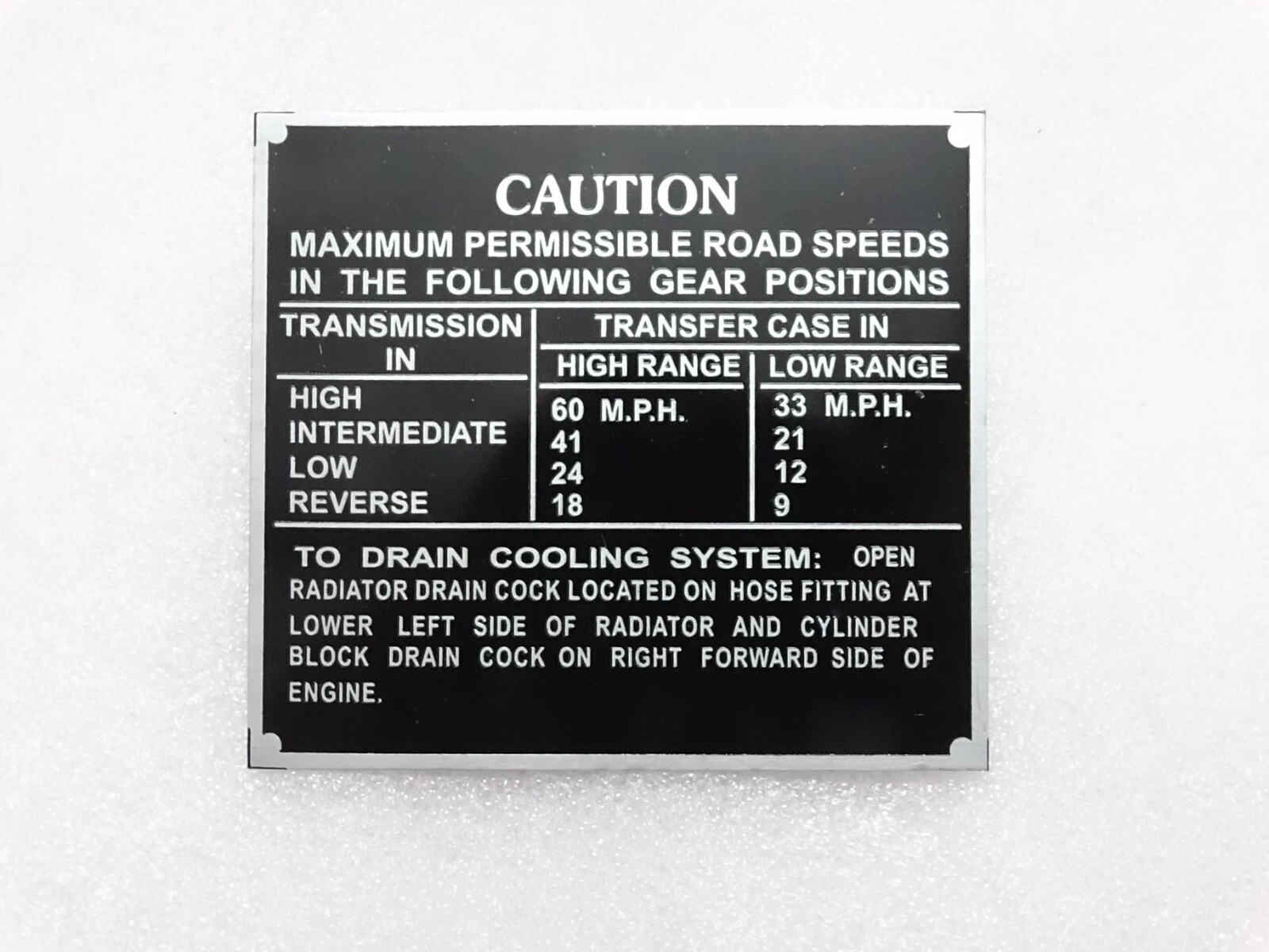 Data Plate Road Speed Caution Aluminum Fits 1942-43 Ford GPW Jeep WW11 #21A18