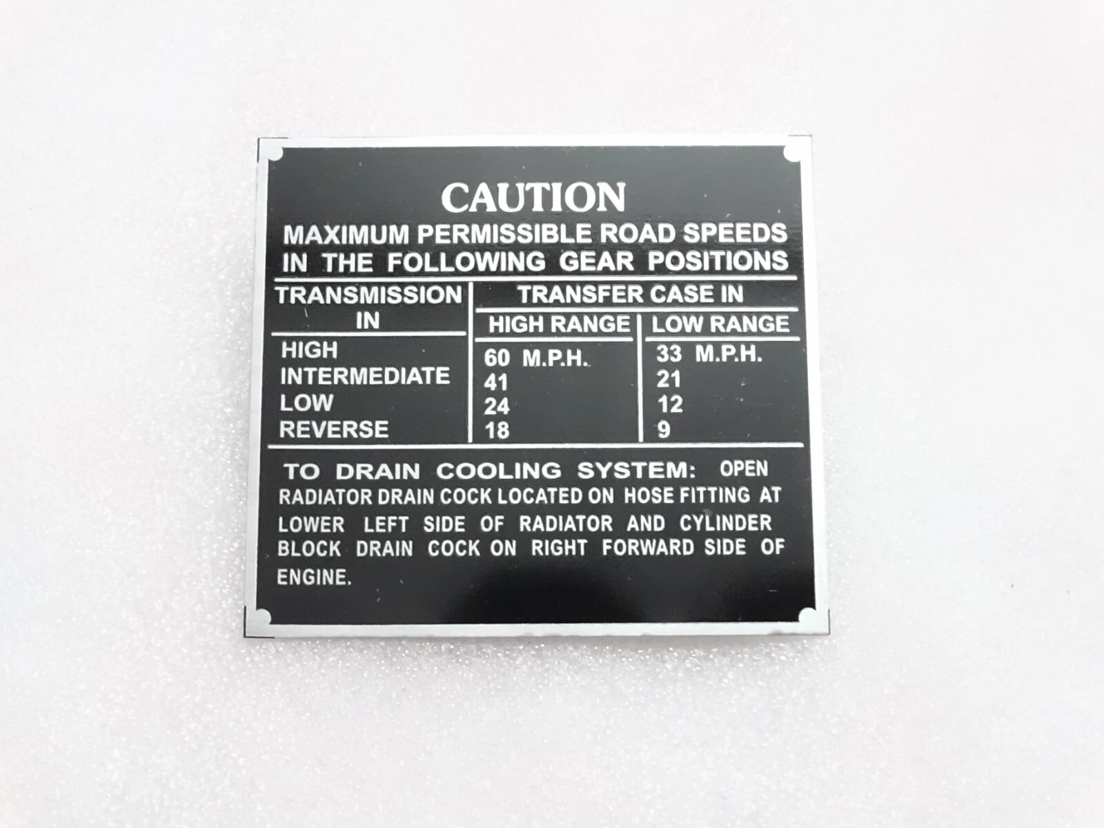 Data Plate Road Speed Caution Aluminum Fits 1942-43 Ford GPW Jeep WW11 #21A18