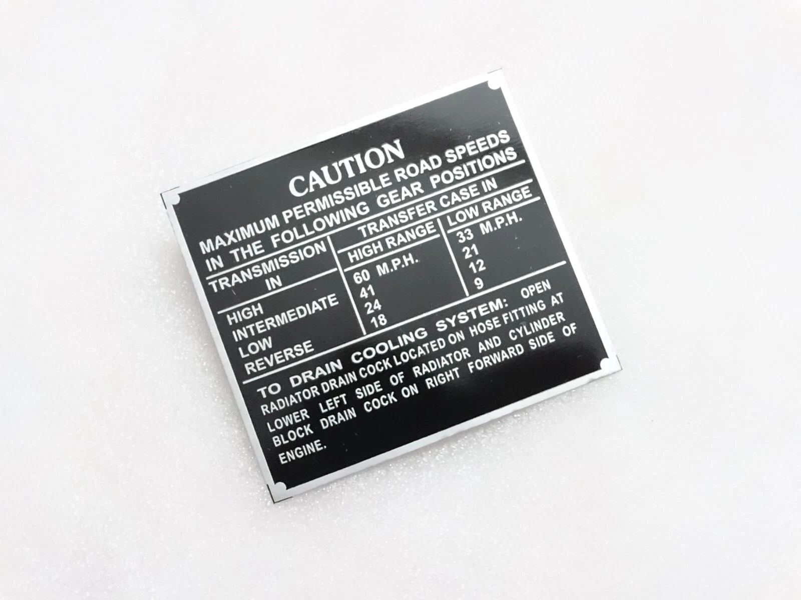 Data Plate Road Speed Caution Aluminum Fits 1942-43 Ford GPW Jeep WW11 #21A18