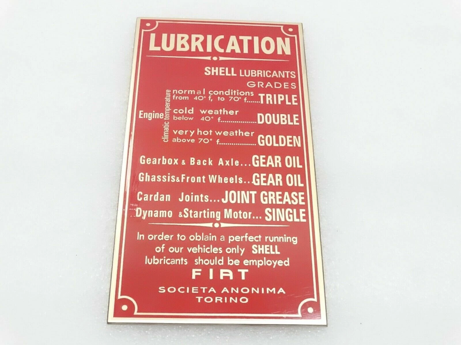 Vintage Fiat Model 514 Lubrication (Shell) Brass Data Plate 1924 & Onwards