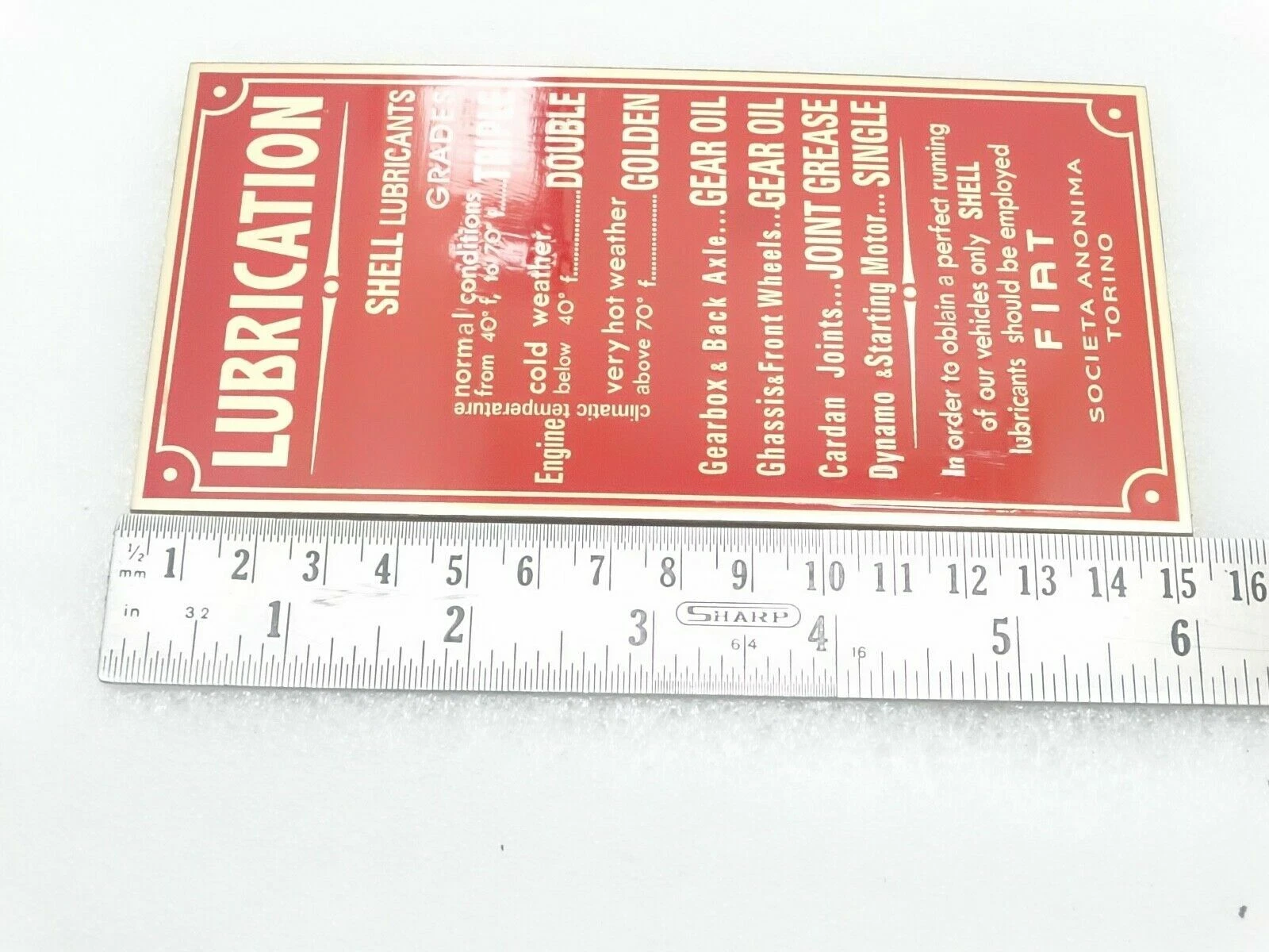 Vintage Fiat Model 514 Lubrication (Shell) Brass Data Plate 1924 & Onwards