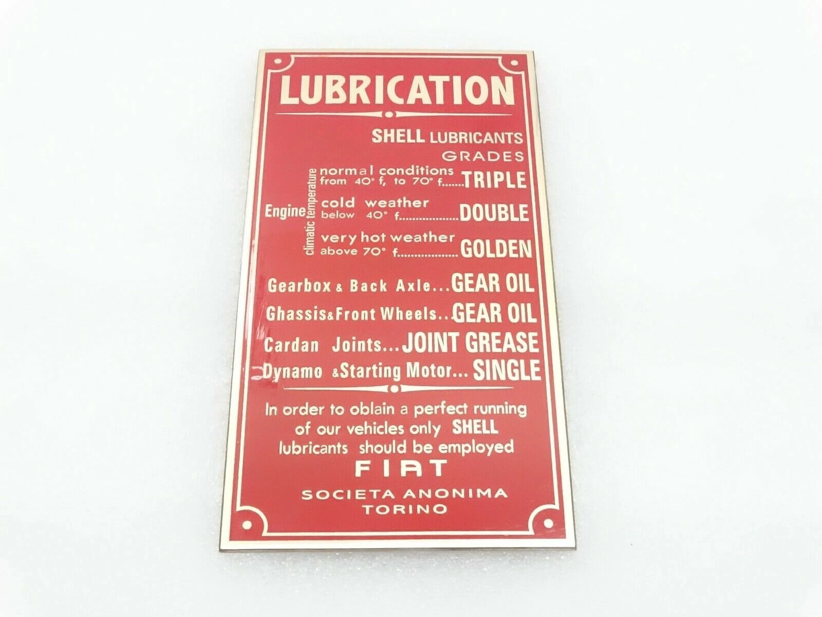 Vintage Fiat Model 514 Lubrication (Shell) Brass Data Plate 1924 & Onwards