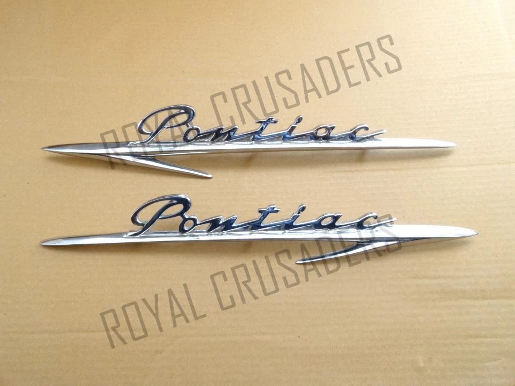 NEW PONTIAC SCRIPTED MADE CHROMED BADGES (PAIR)