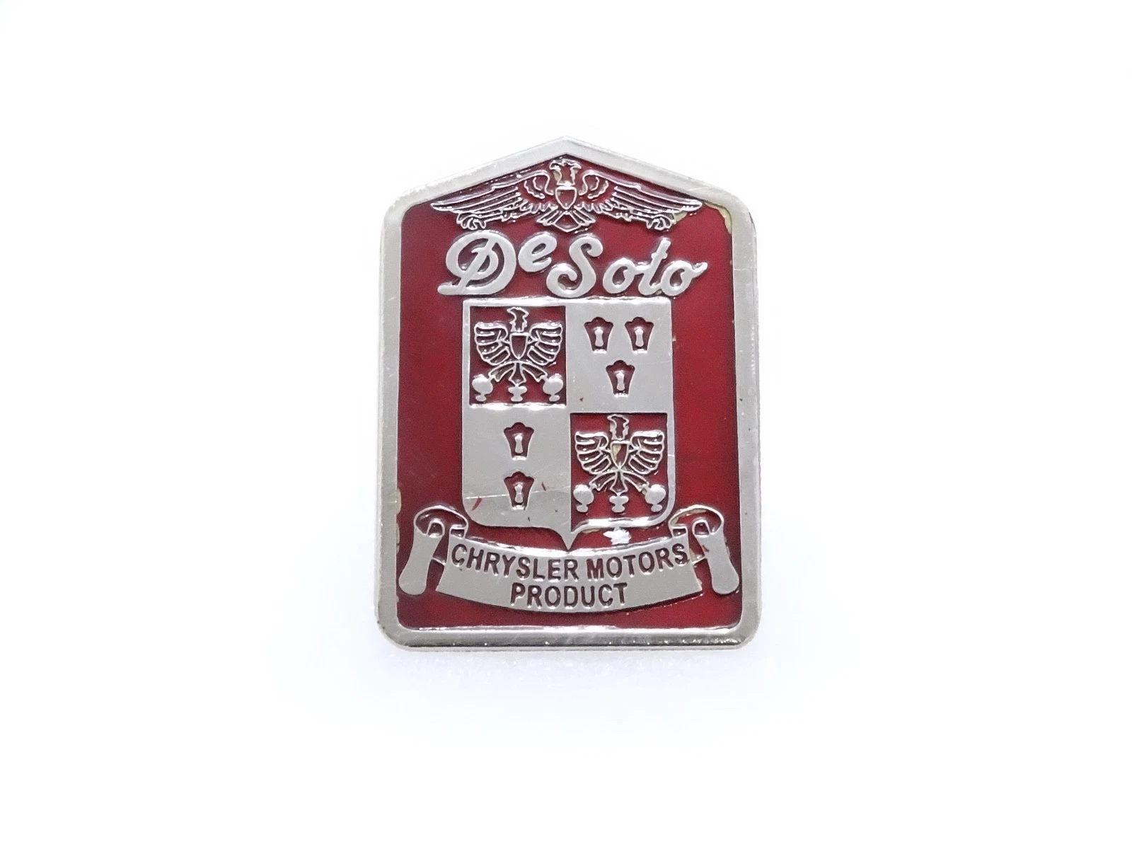 BRAND NEW DESOTO CHRYSLER MOTORS RED FRONT GRILL BADGE
