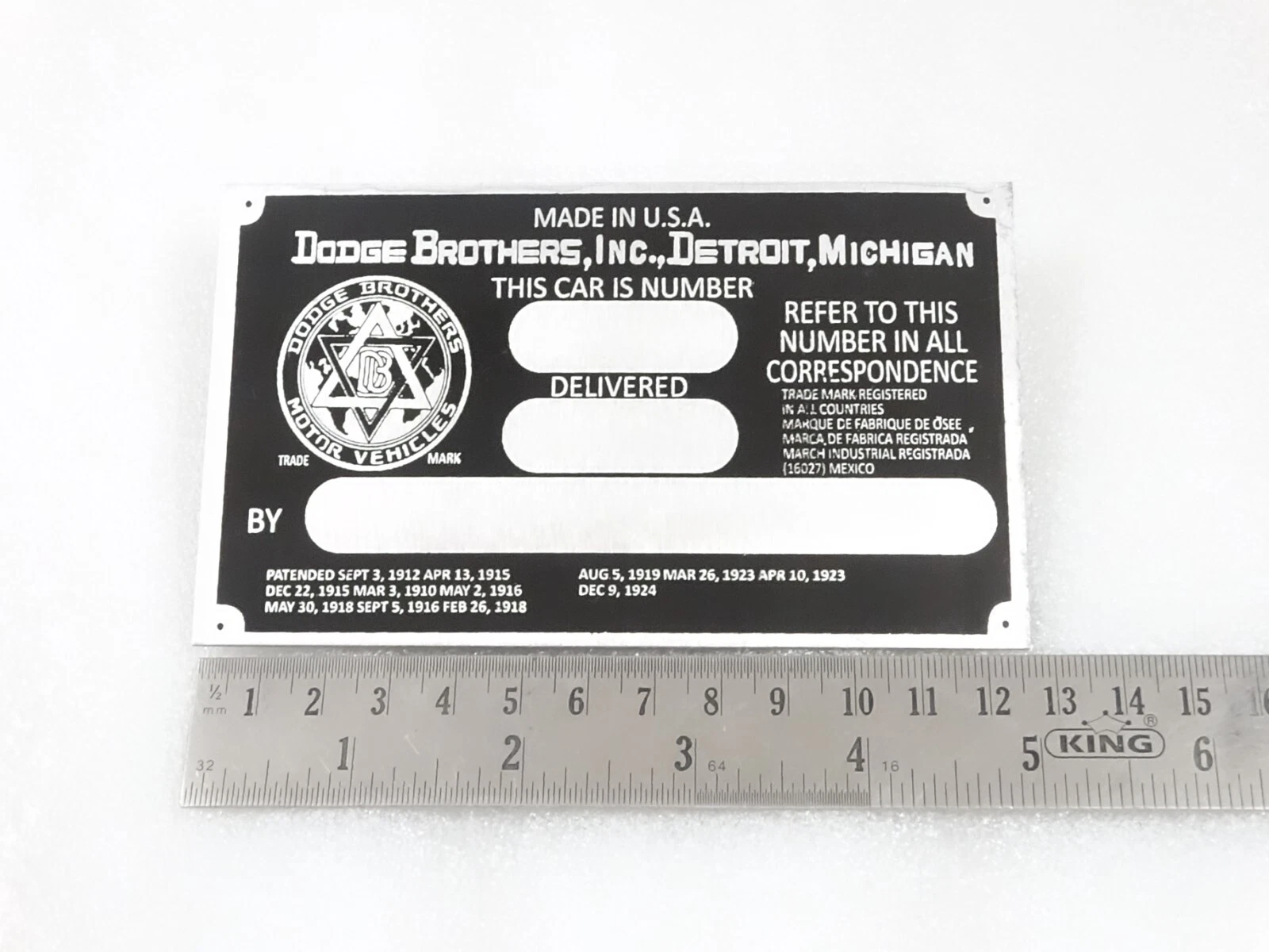 DATA PLATE FITS TO VINTAGE DODGE BROTHER CAR #V194-7