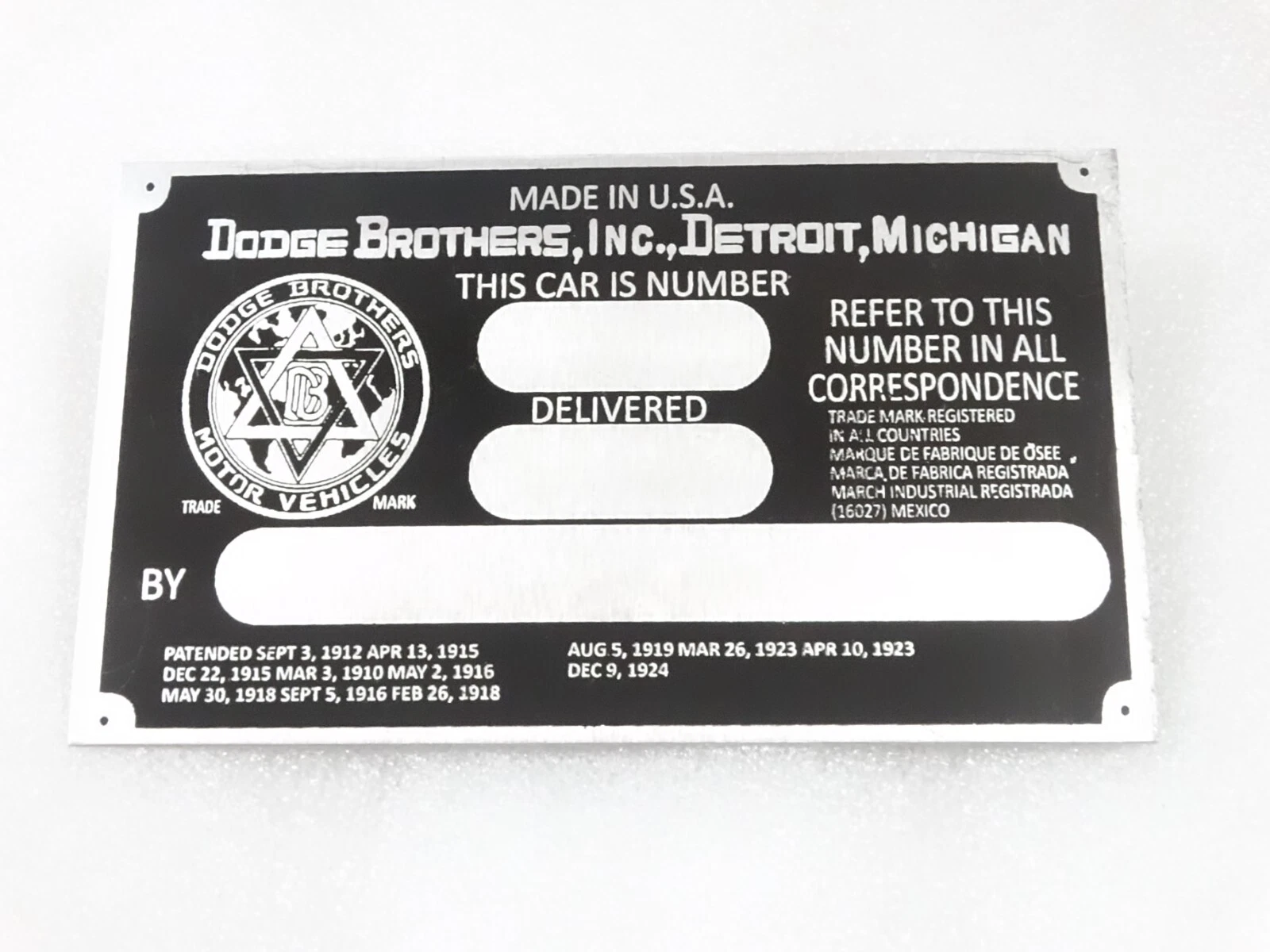 DATA PLATE FITS TO VINTAGE DODGE BROTHER CAR #V194-7