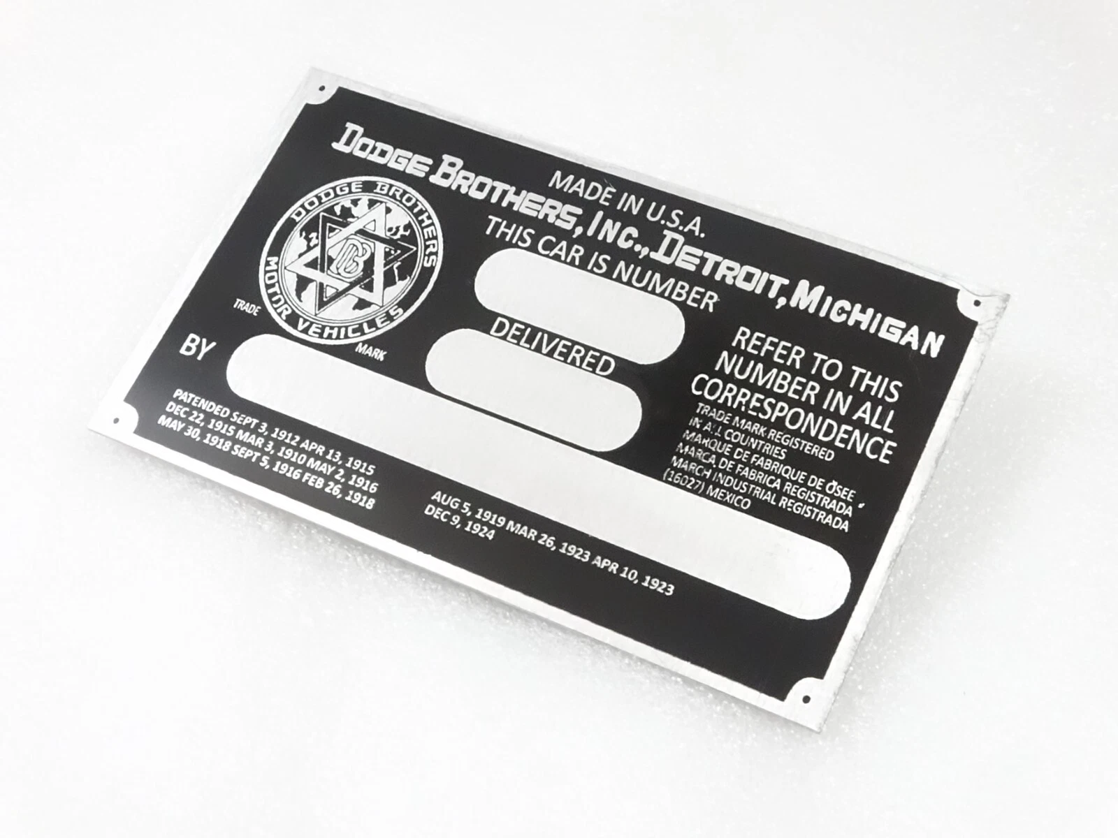 DATA PLATE FITS TO VINTAGE DODGE BROTHER CAR #V194-7