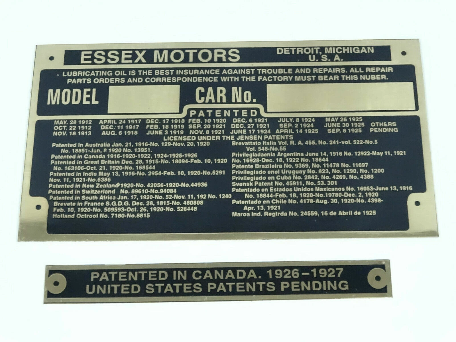 Vintage Car Essex Motors Brass data Detailing plate