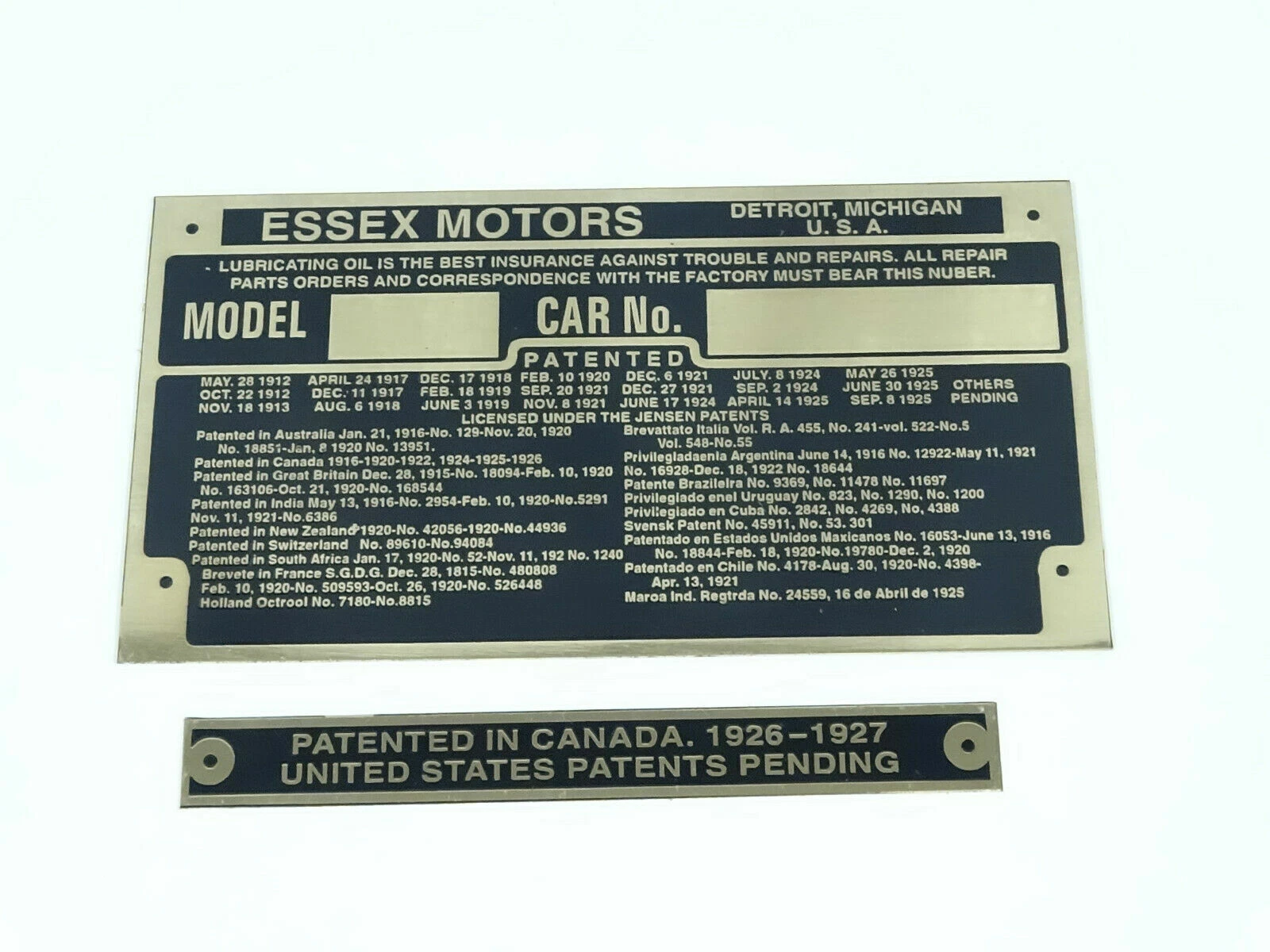 Vintage Car Essex Motors Brass data Detailing plate