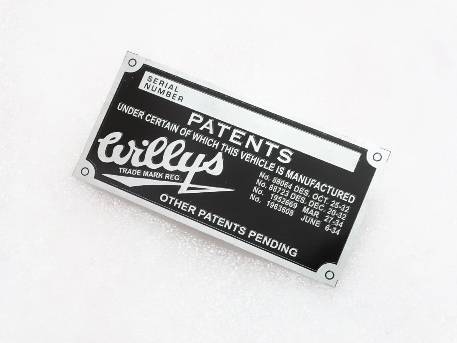 Vehicle Serial Number Data Patents Plate Aluminum FOR New Willys Jeep #21A13