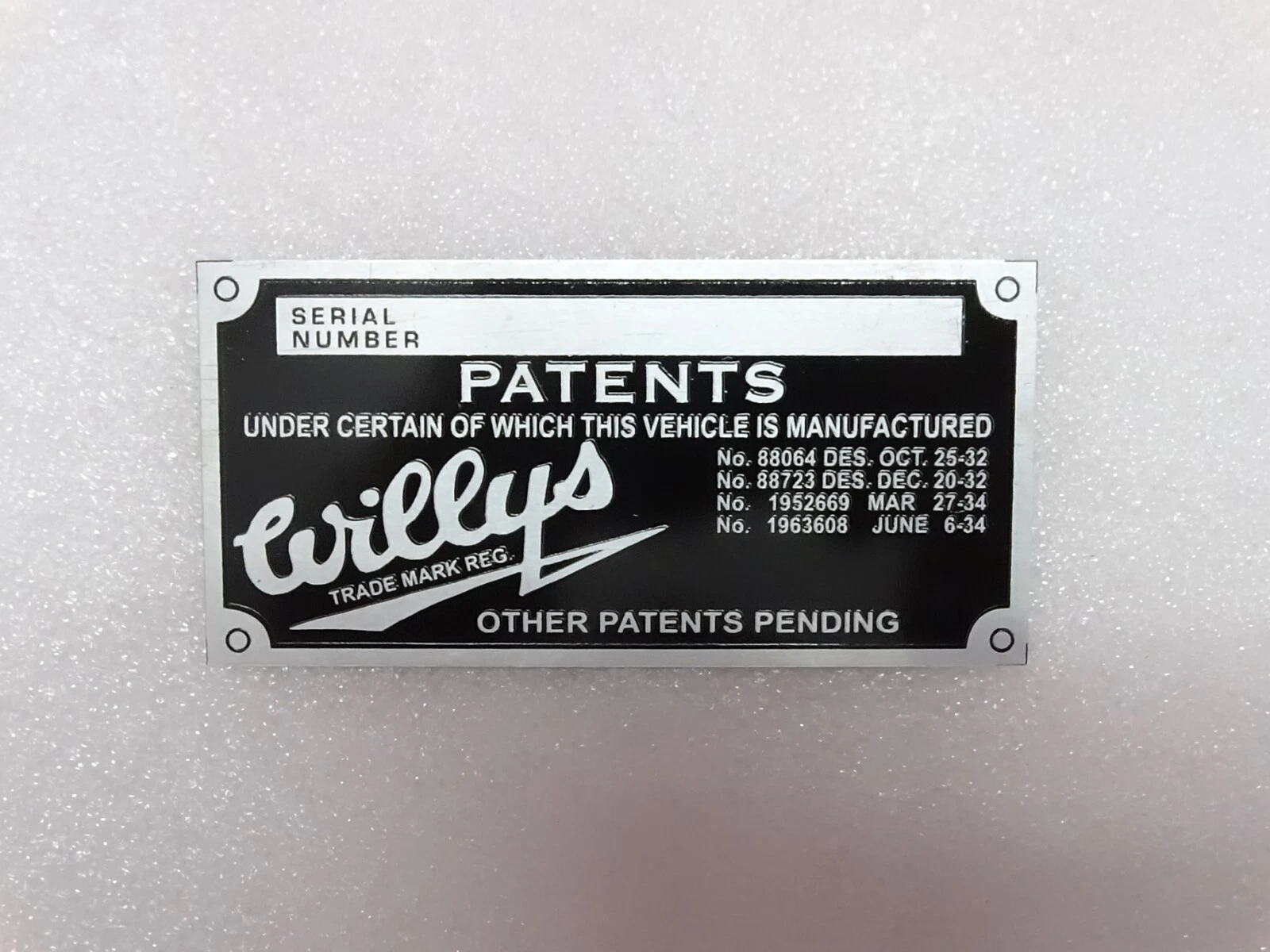 Vehicle Serial Number Data Patents Plate Aluminum FOR New Willys Jeep #21A13