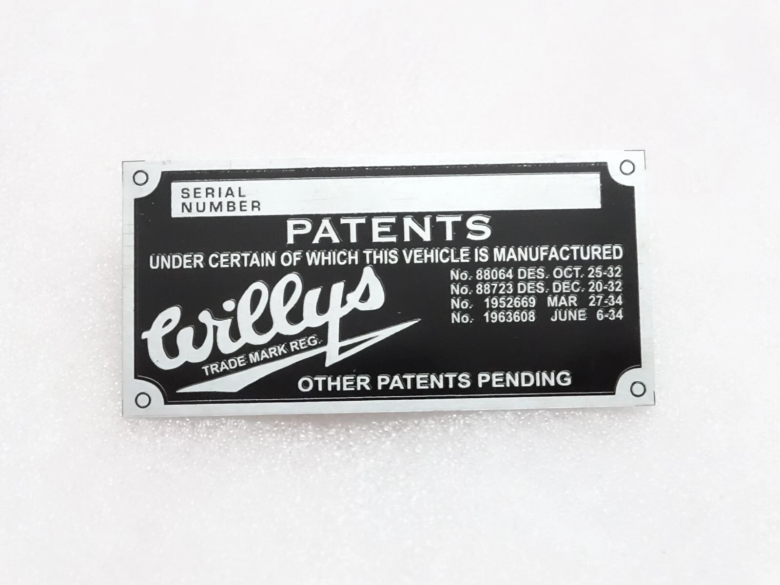 Vehicle Serial Number Data Patents Plate Aluminum FOR New Willys Jeep #21A13