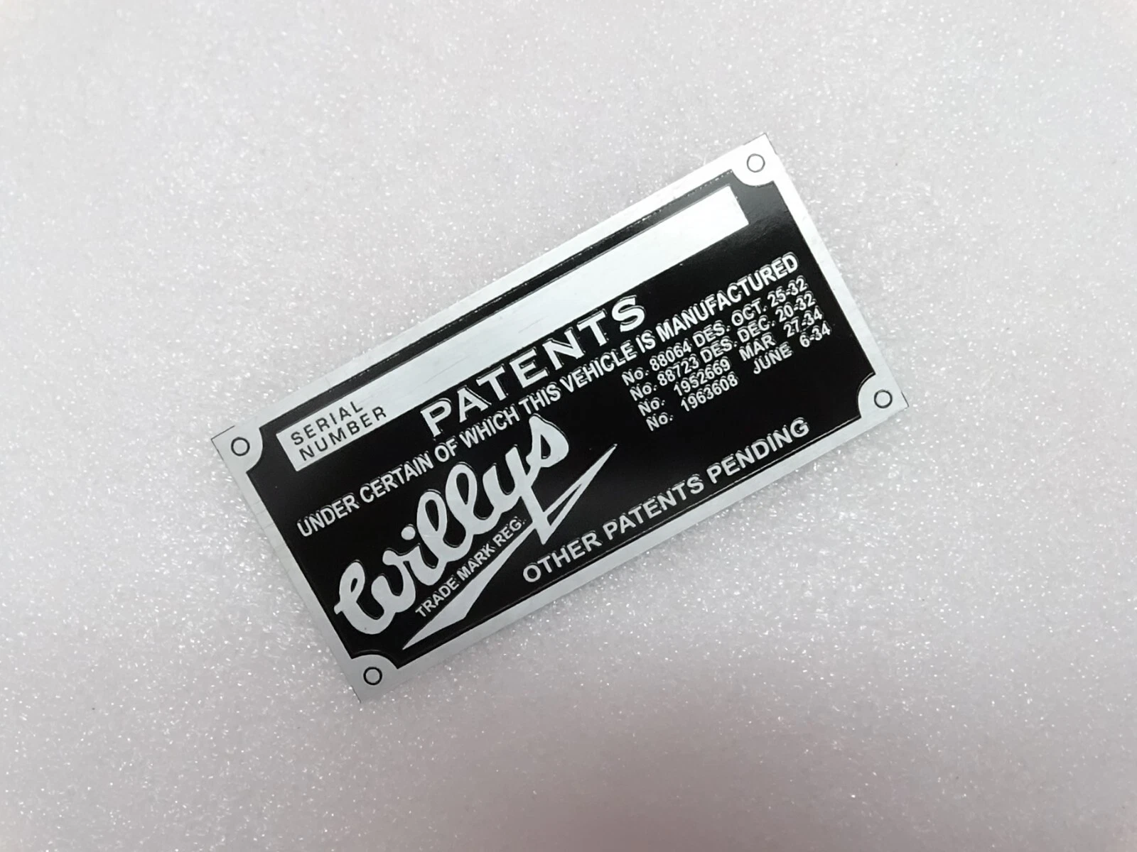 Vehicle Serial Number Data Patents Plate Aluminum FOR New Willys Jeep #21A13