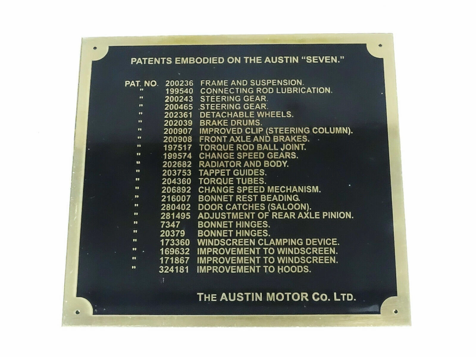 Vintage Car Austin "Seven" Motor Brass data Detailing plate