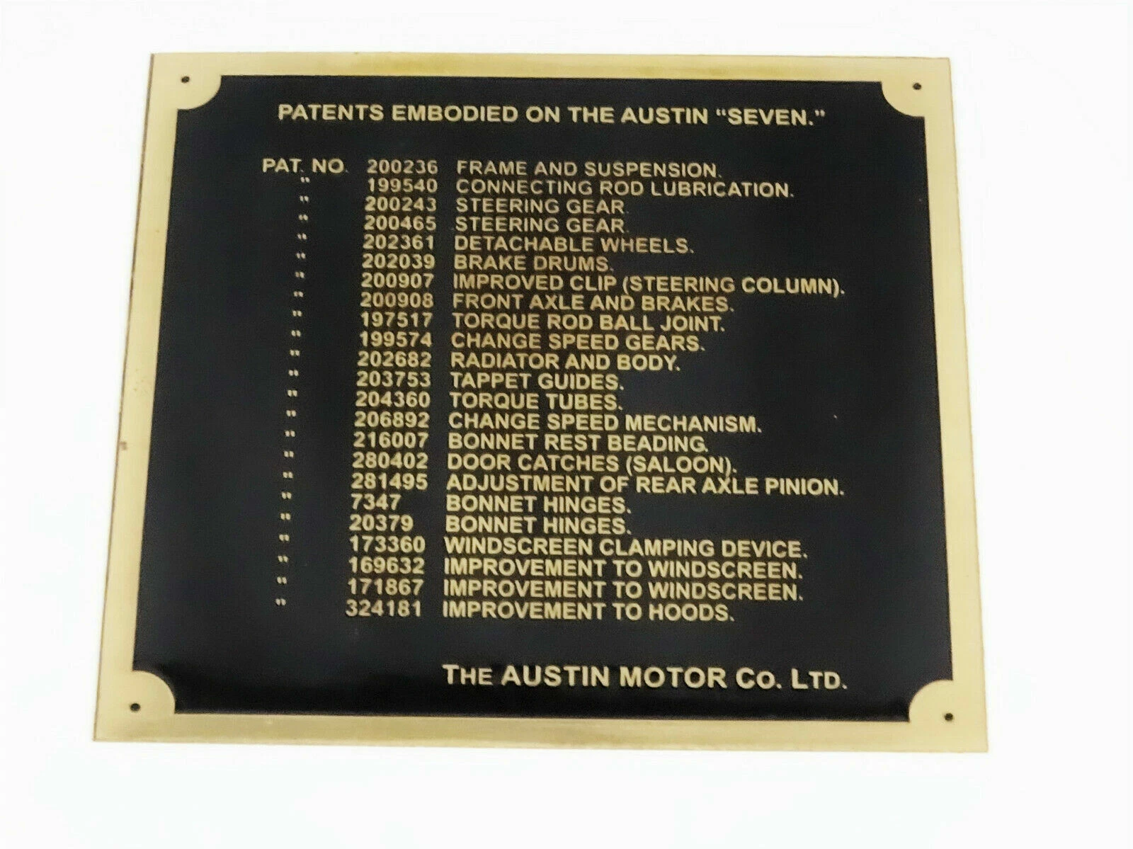 Vintage Car Austin "Seven" Motor Brass data Detailing plate