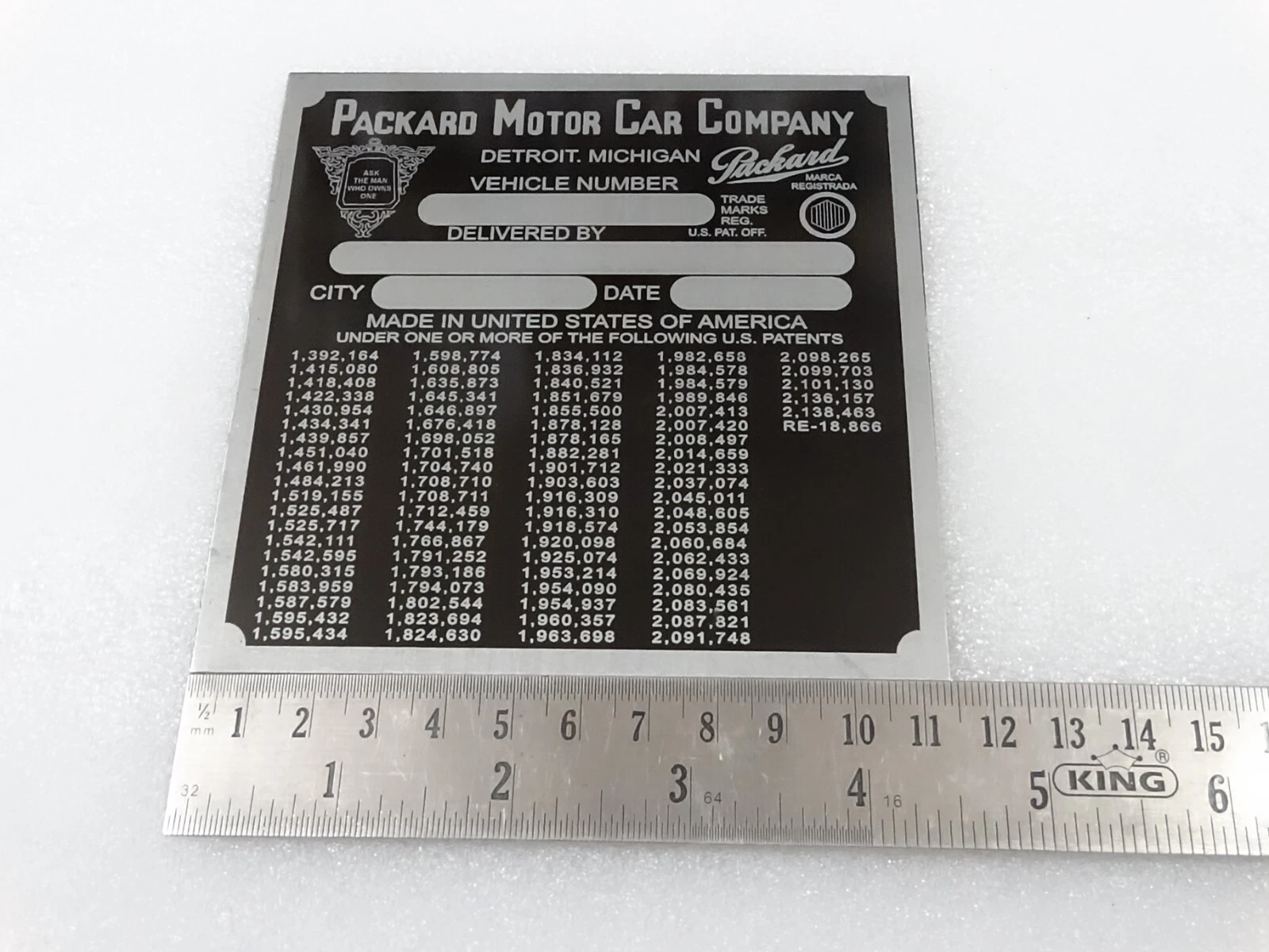 DATA PLATE FOR VINTAGE PACKARD MOTOR COWL PLATE 1940' S MODEL #V256-7
