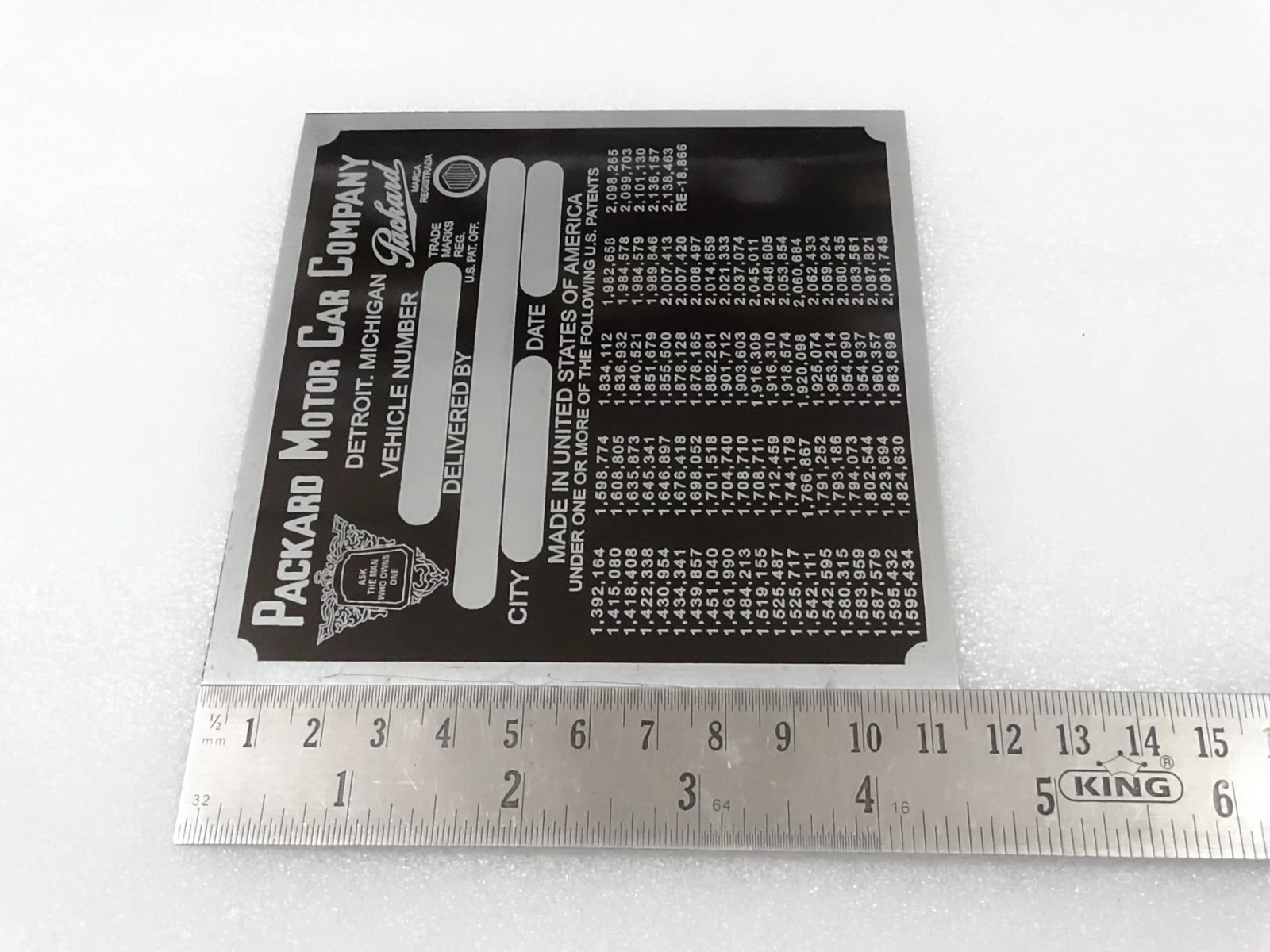 DATA PLATE FOR VINTAGE PACKARD MOTOR COWL PLATE 1940' S MODEL #V256-7