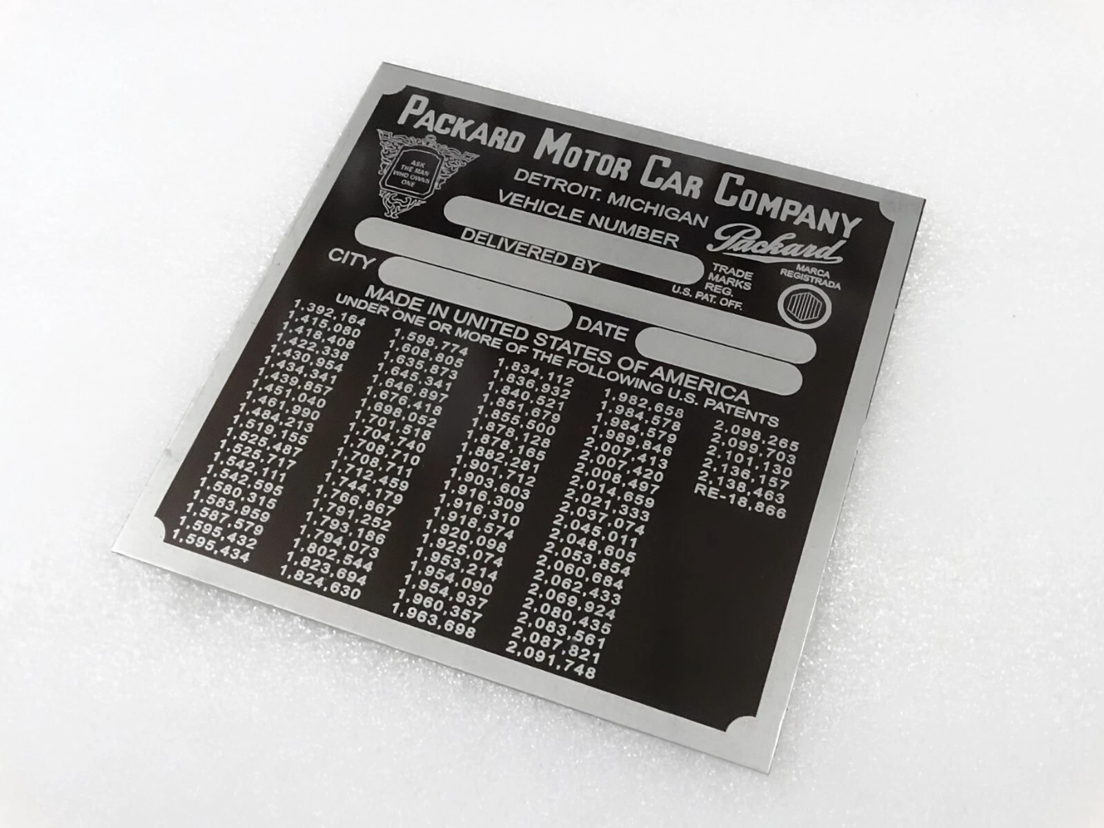 DATA PLATE FOR VINTAGE PACKARD MOTOR COWL PLATE 1940' S MODEL #V256-7