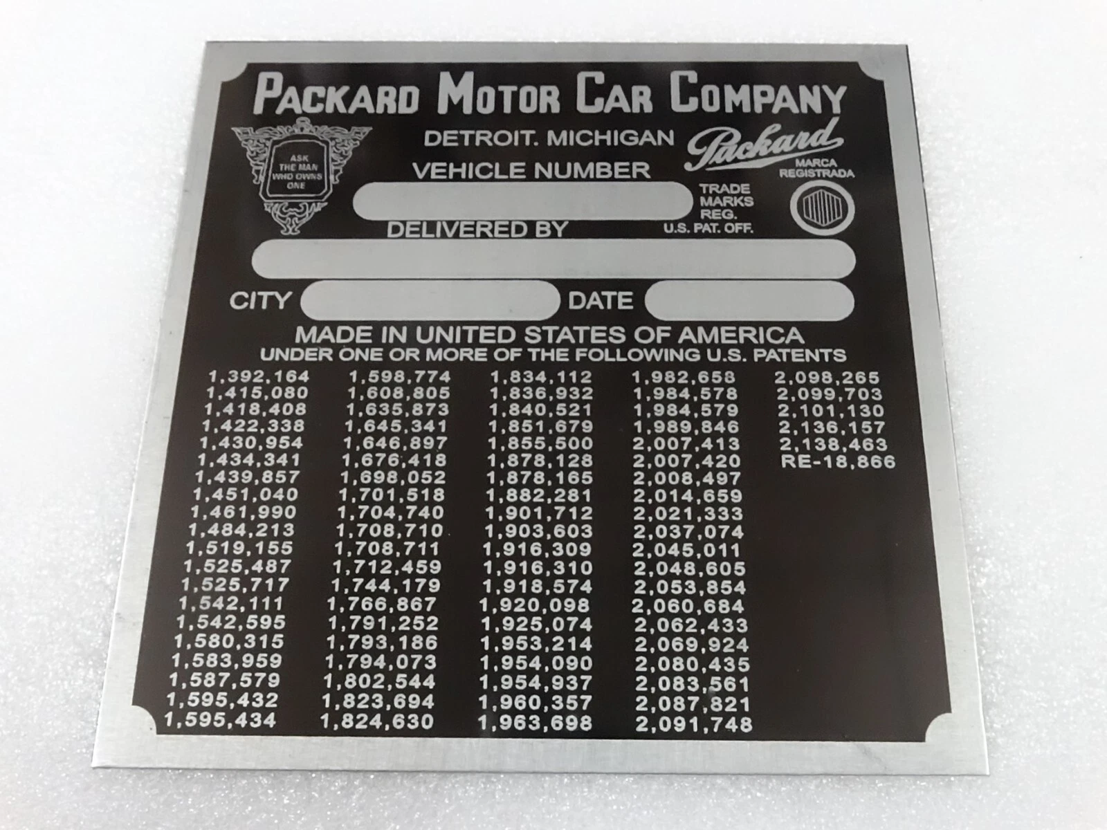 DATA PLATE FOR VINTAGE PACKARD MOTOR COWL PLATE 1940' S MODEL #V256-7