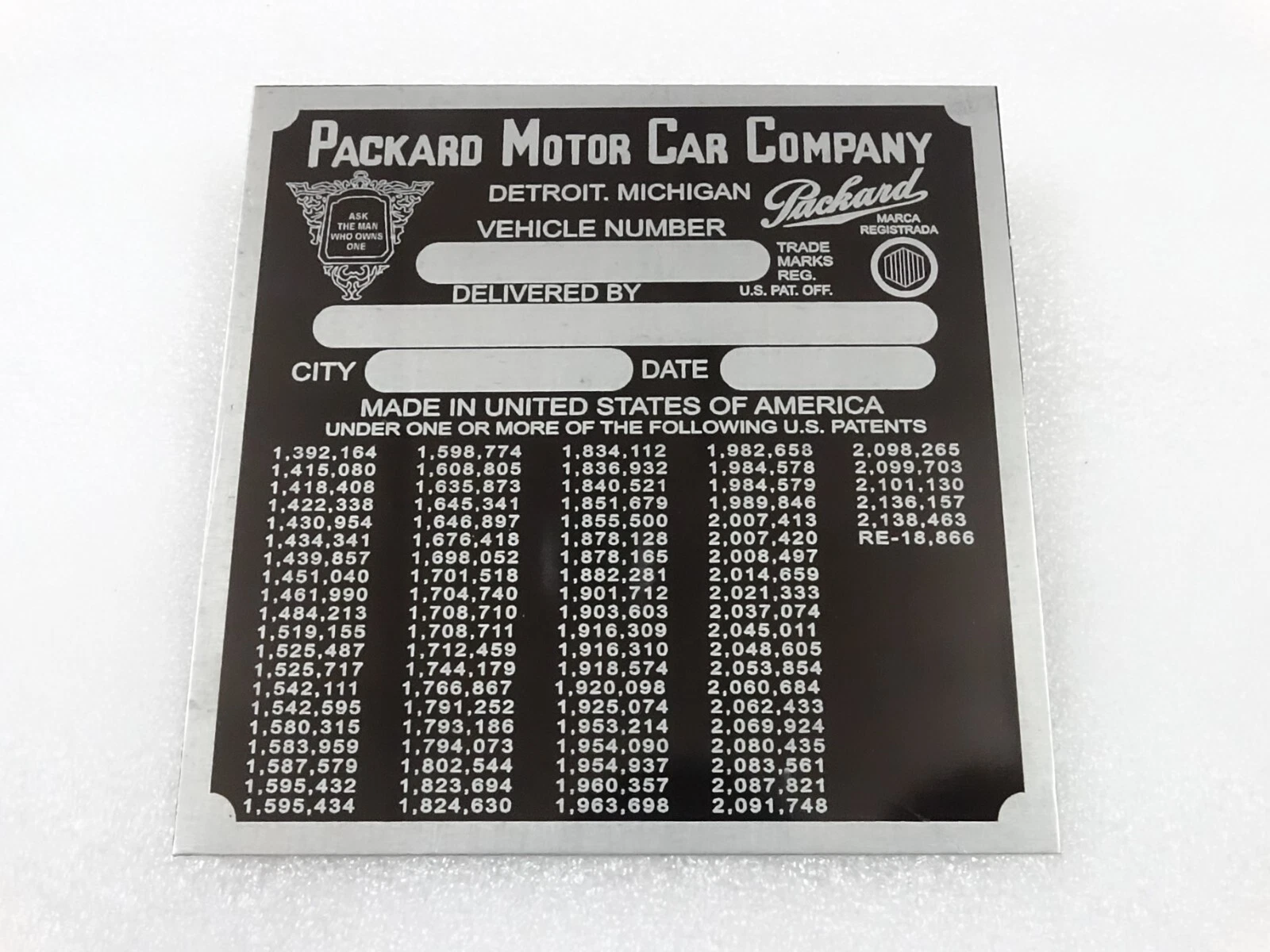 DATA PLATE FOR VINTAGE PACKARD MOTOR COWL PLATE 1940' S MODEL #V256-7