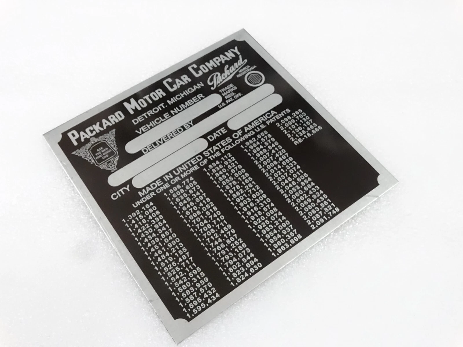 DATA PLATE FOR VINTAGE PACKARD MOTOR COWL PLATE 1940' S MODEL #V256-7