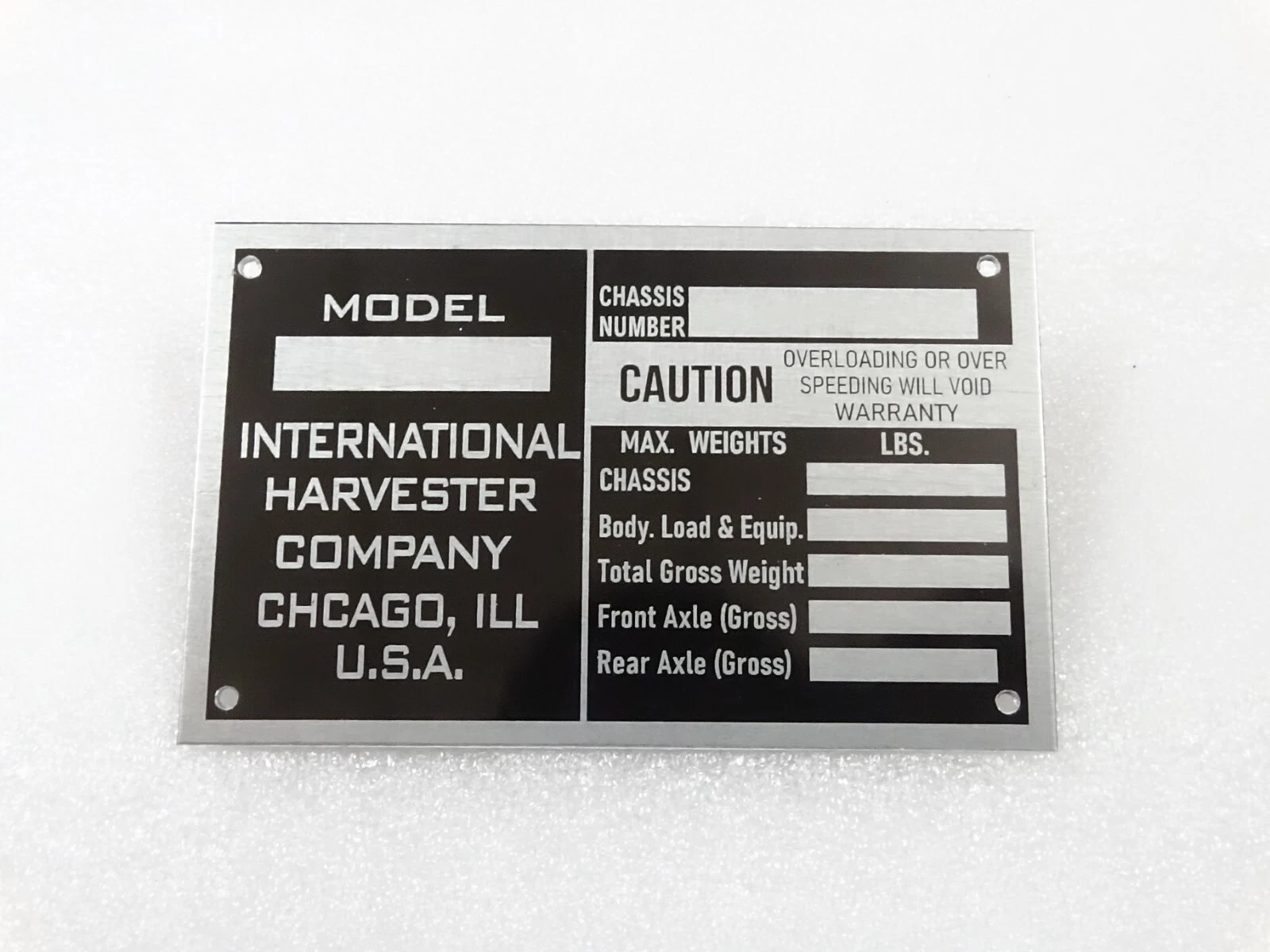 DATA PLATE FOR VINTAGE INTERNATIONAL HARVESTER COMPANY TRUCK DATE #V257-7